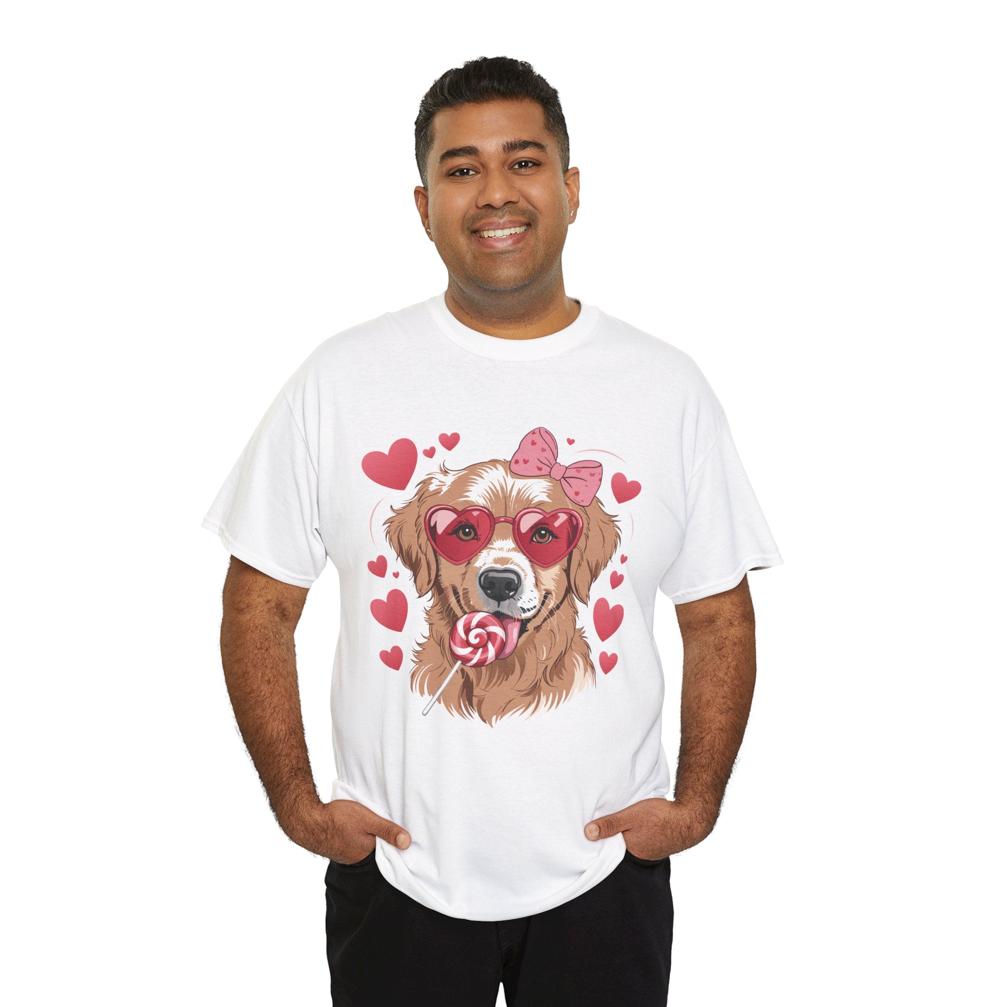 Valentine Dog T-Shirt — Cute Pup with Heart Glasses, Pink Bow & Lollipop..Unisex Cotton Tee