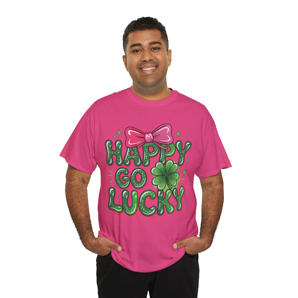 Happy Go Lucky Four-Leaf Clover Tee — Glossy Green Letters & Pink Bow Unisex Cotton Tee