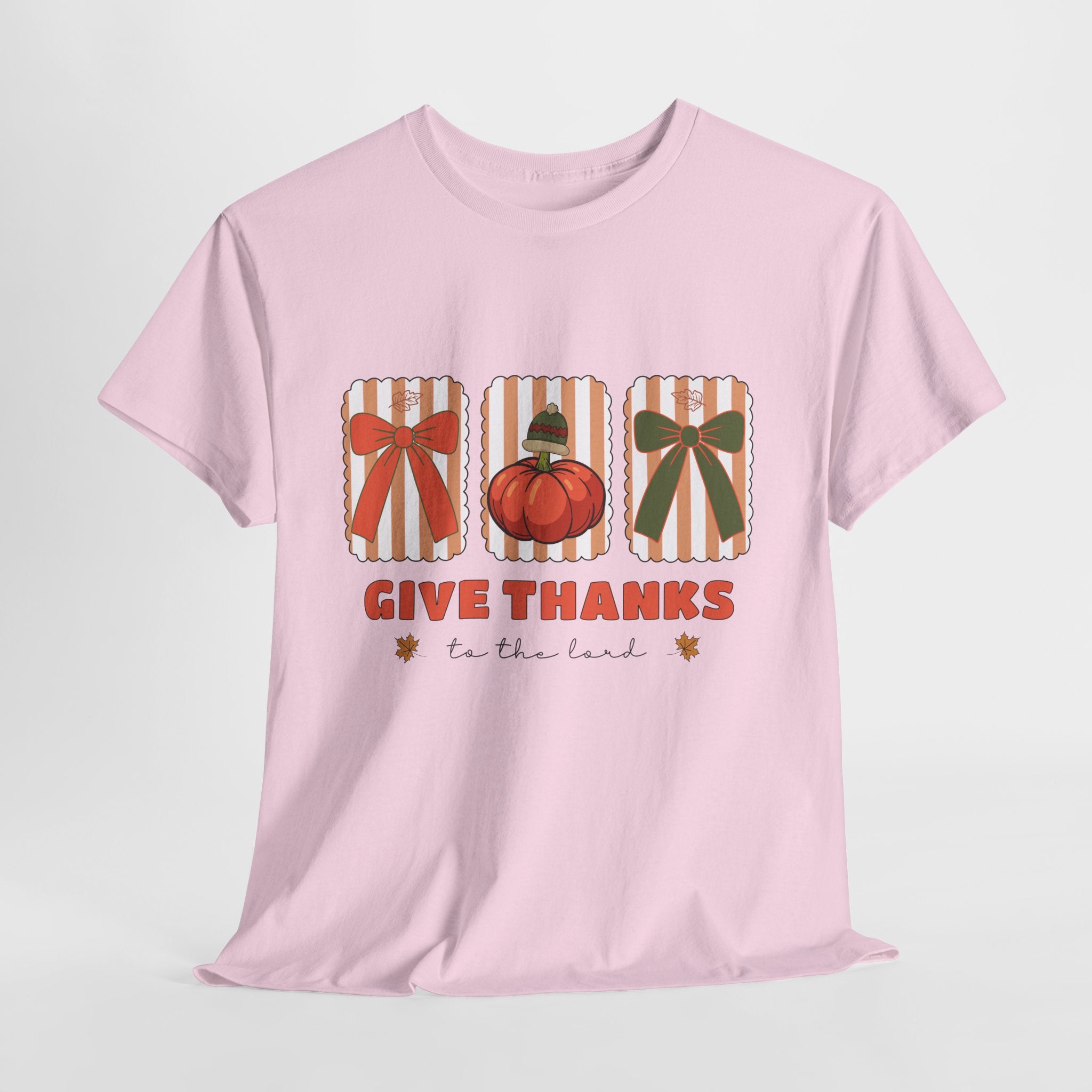 Give Thanks Thanksgiving T-Shirt — Pumpkin with Hat & Bows Unisex Cotton Tee