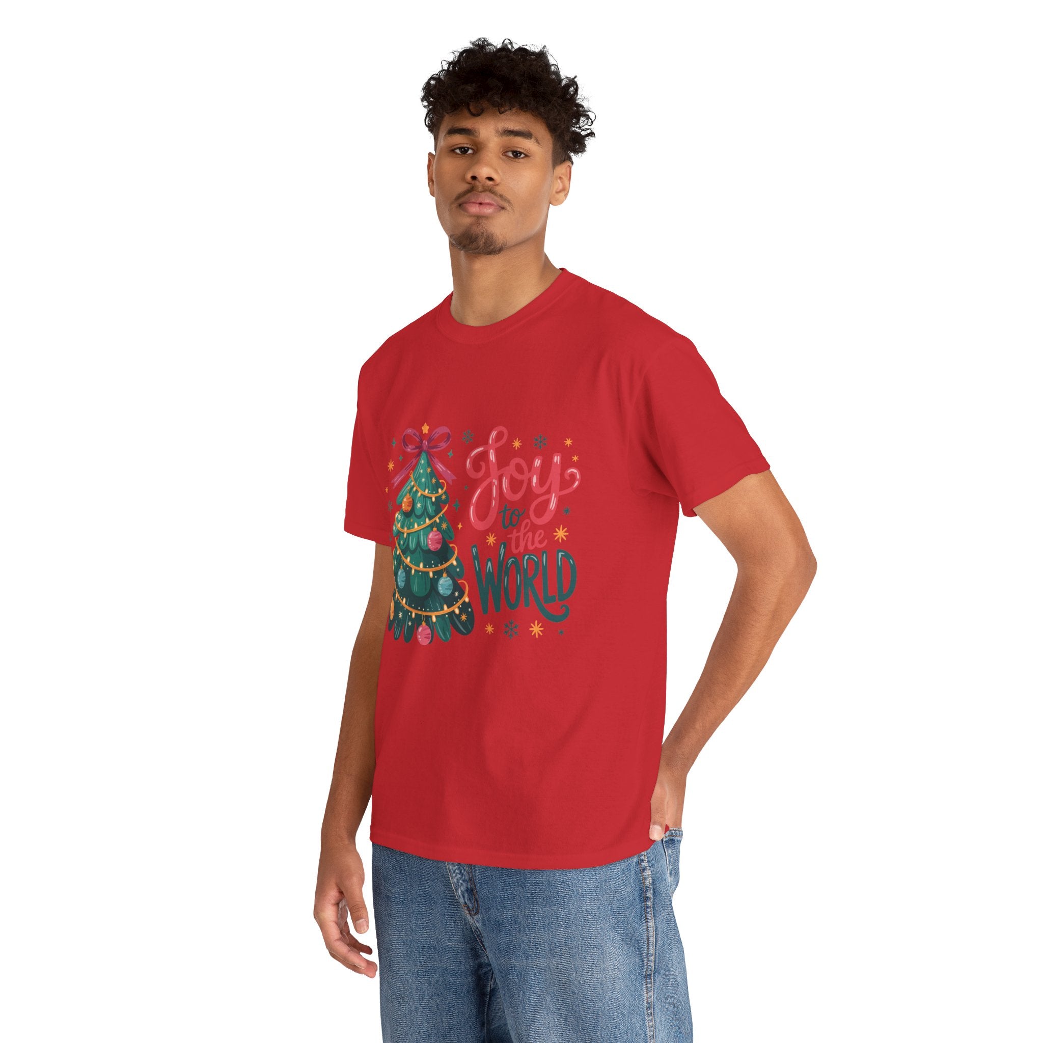 Joy to the World Christmas Tee — Festive Tree with Pink Bow..Unisex Cotton Tee