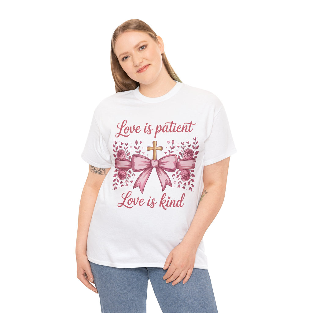 Christian Floral Tee — "Love is Patient, Love is Kind" Pink Rose Cross. Unisex Cotton Tee