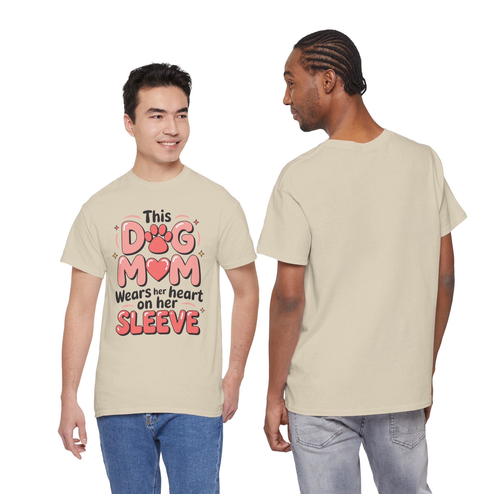 Dog Mom T-Shirt — "This Dog Mom Wears Her Heart on Her Sleeve" Paw & Heart Unisex Cotton Tee