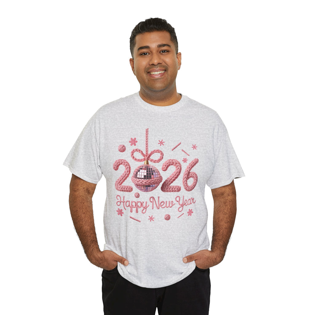 2026 Happy New Year Pink Knitted Disco Ball Unisex Cotton Tee