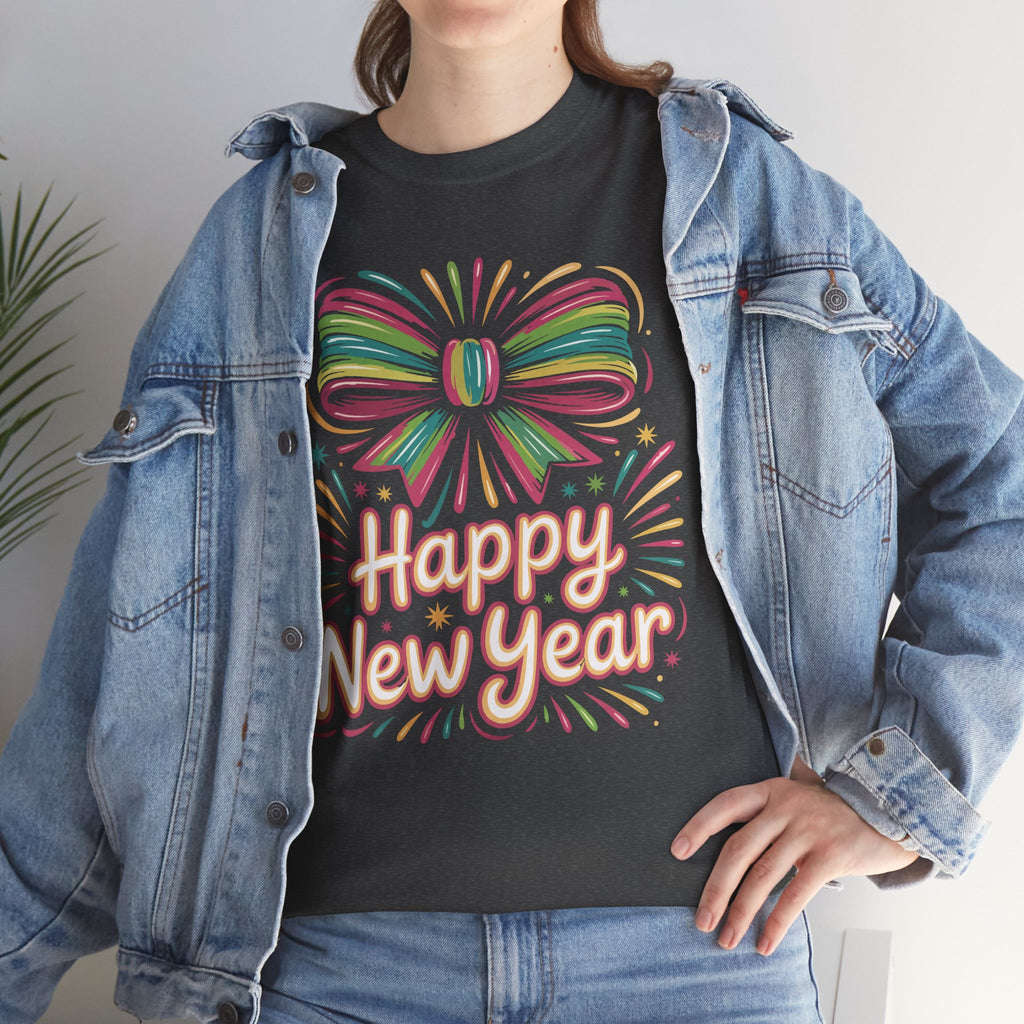 Happy New Year Pastel Tee — Rainbow Bow & Fireworks Celebration Unisex Cotton Tshirt