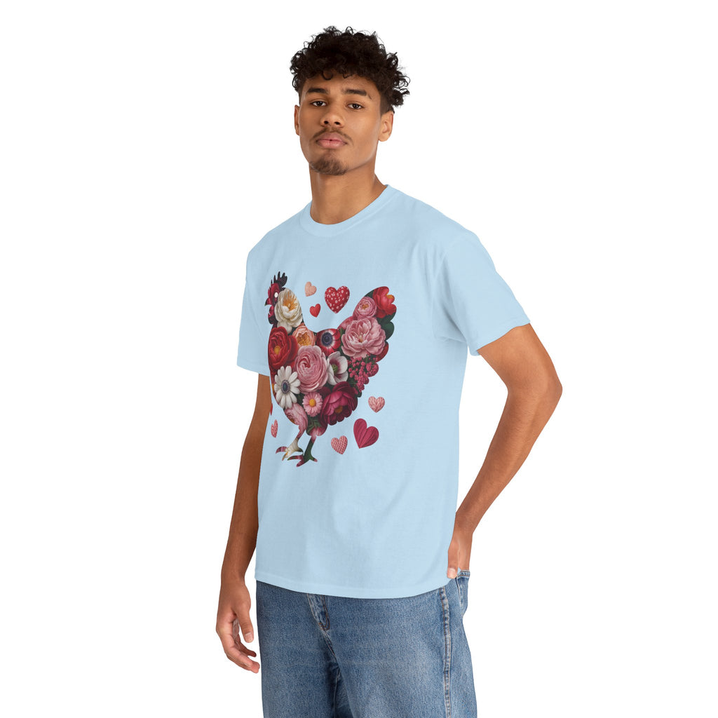 Floral Chicken Heart Tee — Red & Pink Flower Silhouette Unisex Cotton Tee