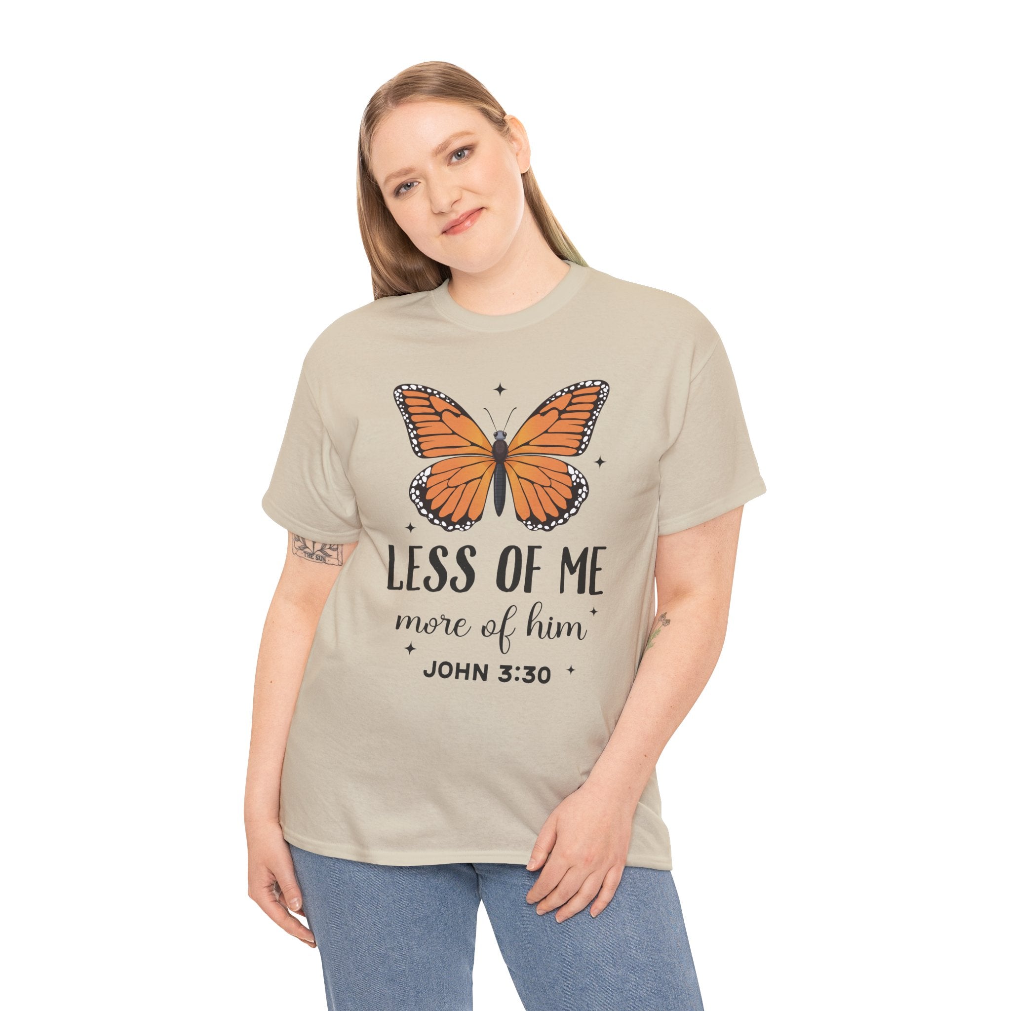 Monarch Butterfly Tee — "Less of Me, More of Him" Christian Unisex cotton T‑Shirt