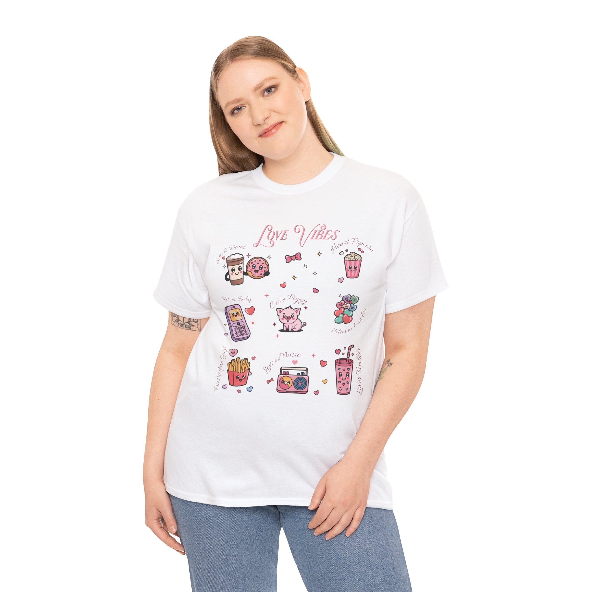 Love Vibes Kawaii Valentine T-Shirt — Cute Donut, Coffee & Piglet Design Unisex Cotton Tee