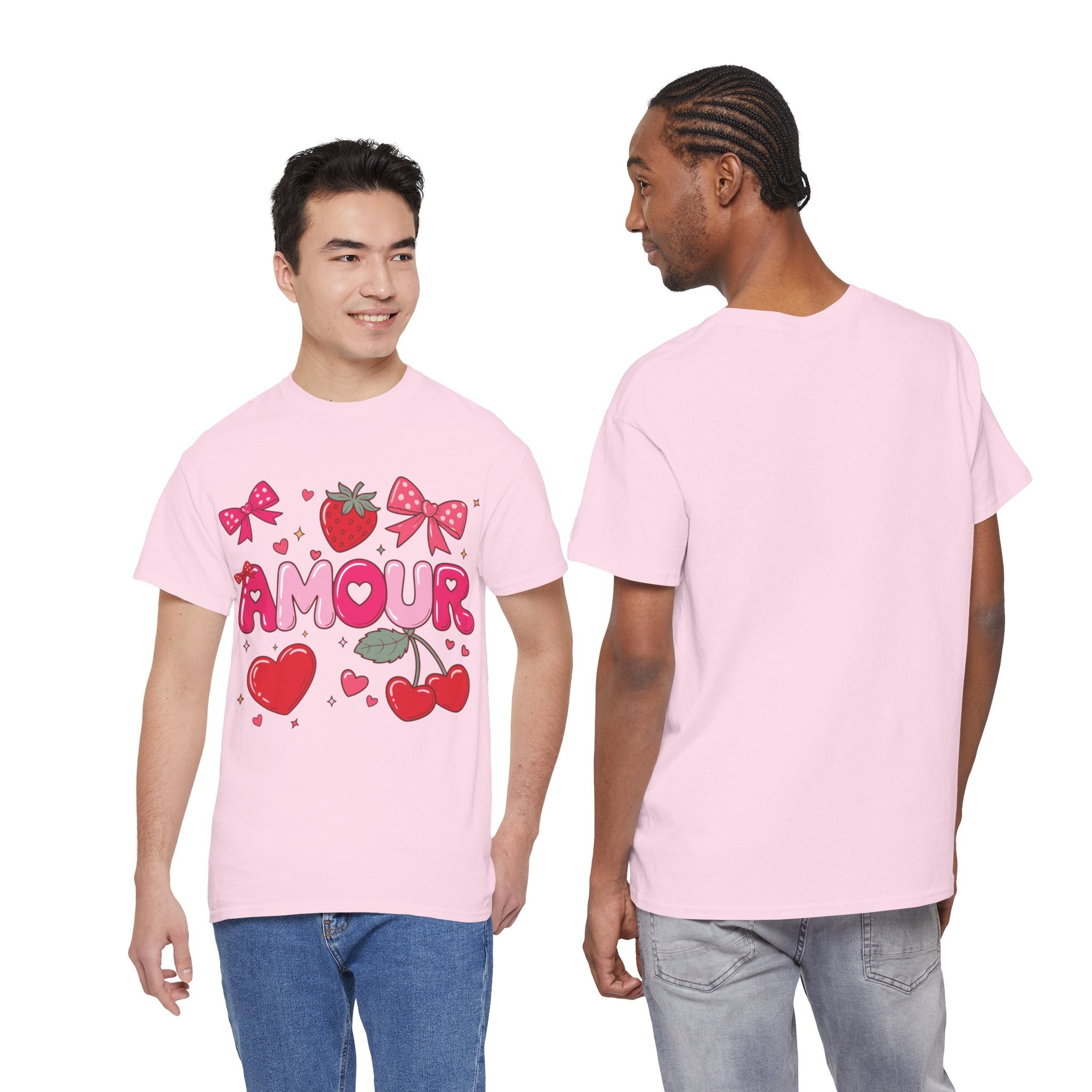 Amour Pink Hearts Tee — Shiny Lettering with Bows, Cherries & Strawberry Accent...Unisex Cotton Tee