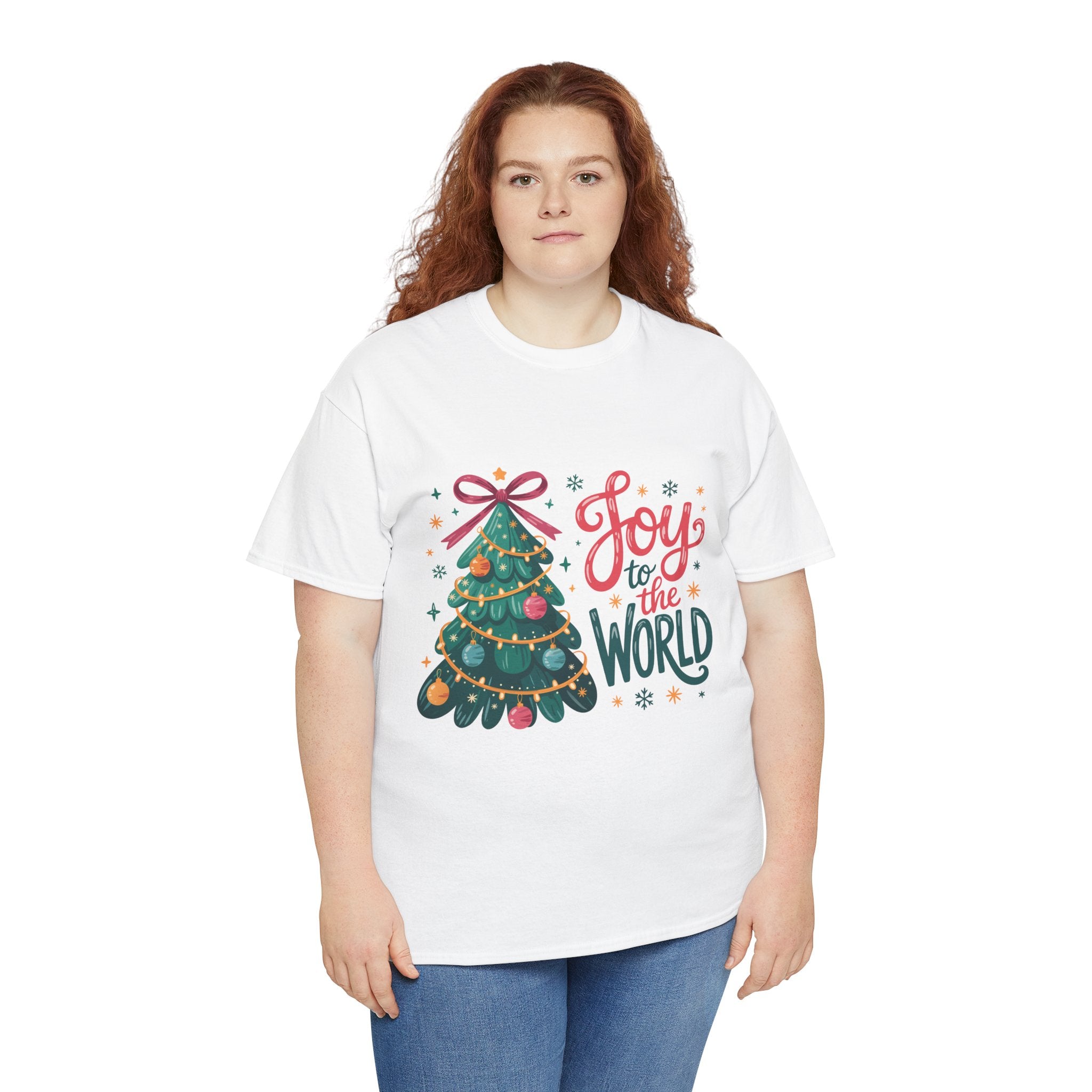 Joy to the World Christmas Tee — Festive Tree with Pink Bow..Unisex Cotton Tee