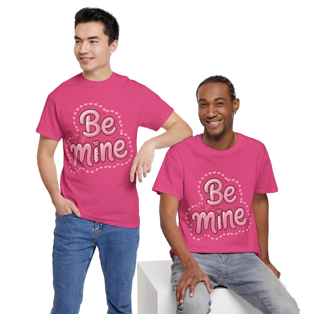 Be Mine Valentine T-Shirt — Pink Bubble Letters with Hearts & Bow..Unisex Cotton Tee