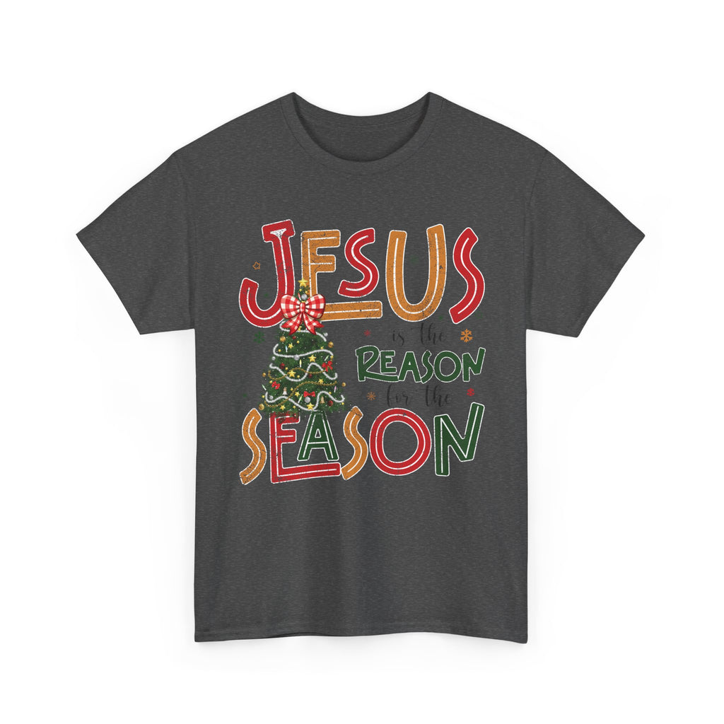 Jesus Is the Reason for the Season Christmas T-Shirt — Plaid Bow Tree..Unisex Cotton Tee