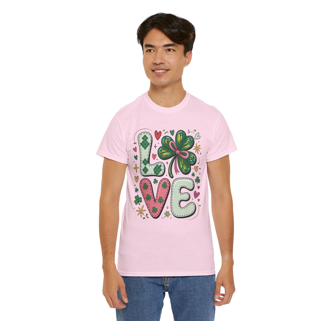 Stitched Clover 'LOVE' Tee — Heart & Patchwork St. Patrick's Unisex Cotton T-Shirt