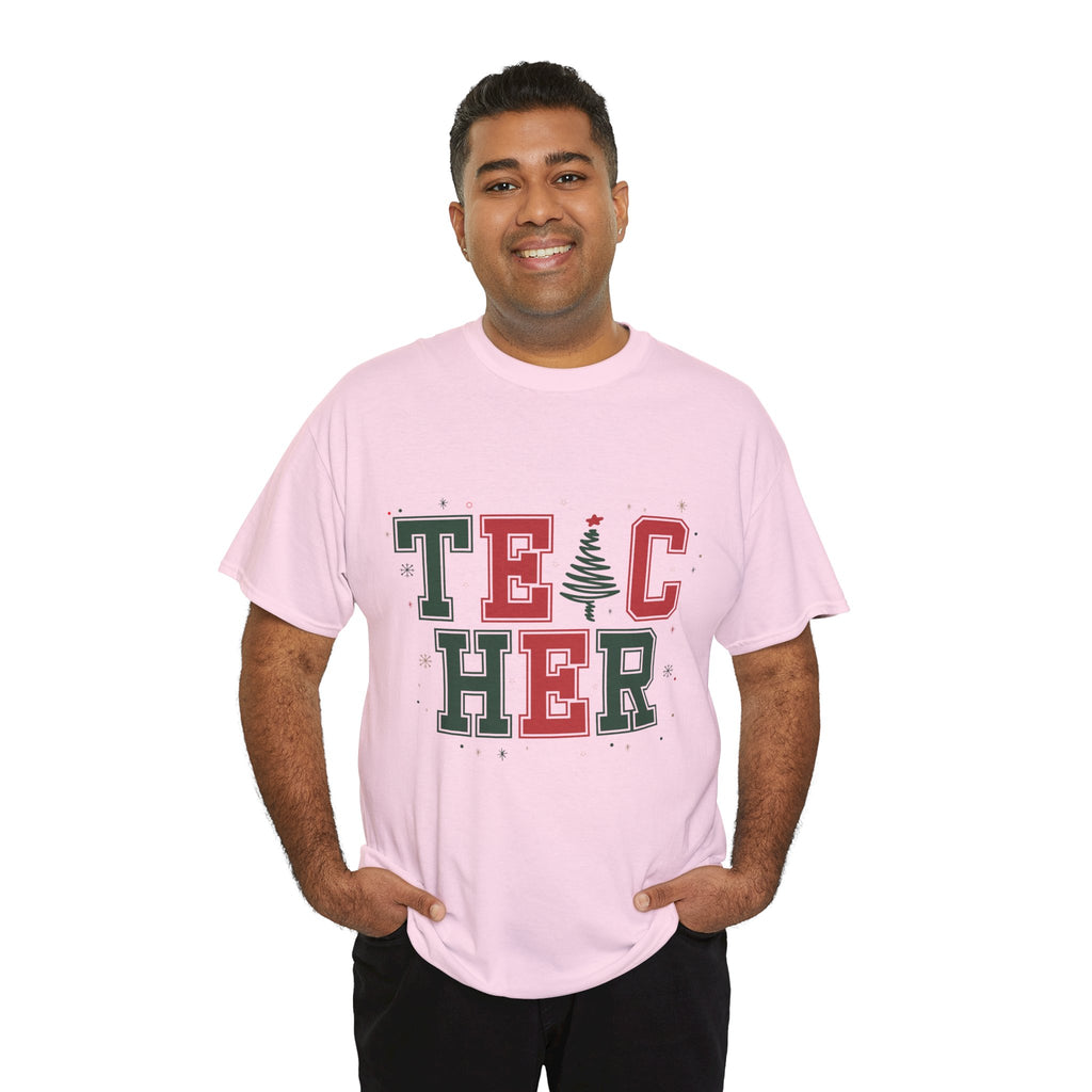 Teacher Christmas Varsity T-Shirt — Red & Green Holiday Unisex Cotton Tee