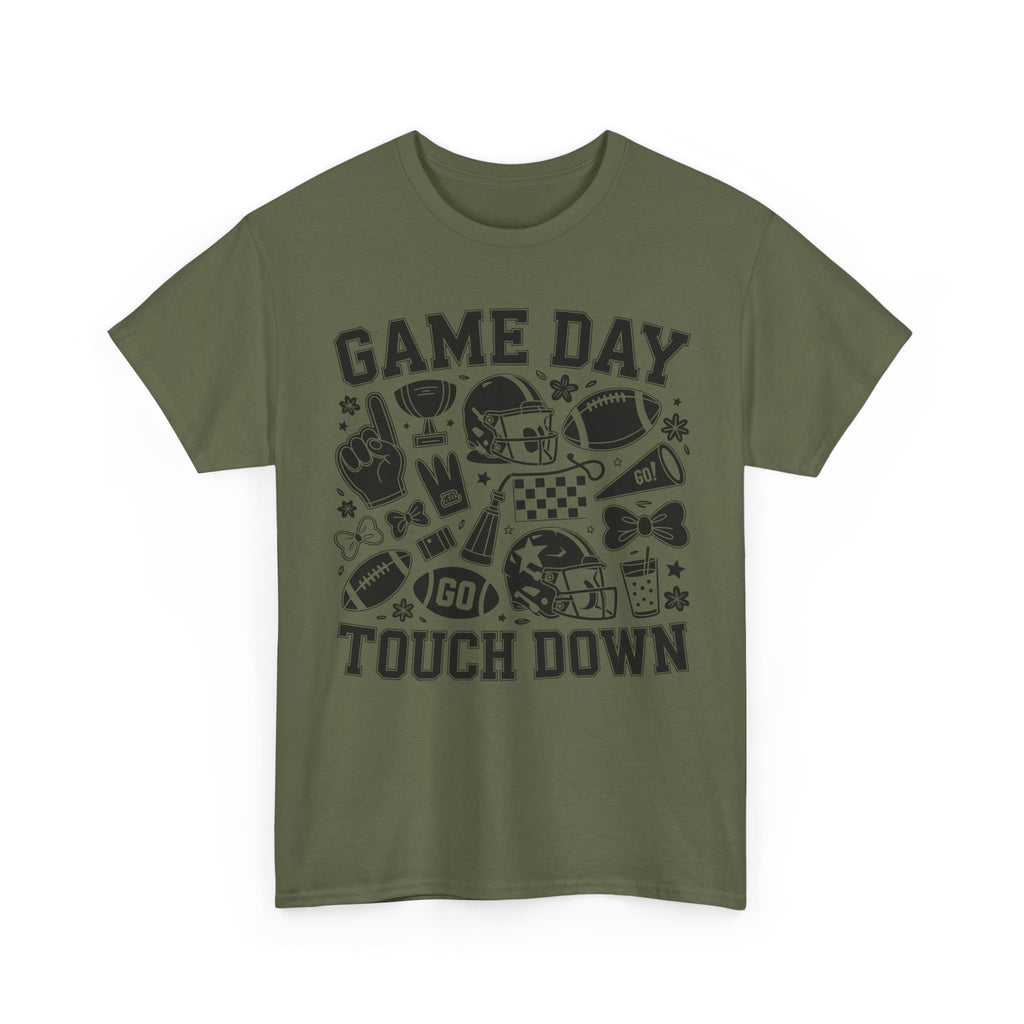 Game Day Touch Down Football T‑Shirt — Helmet & Cheer Monochrome Design Unisex Cotton Tee
