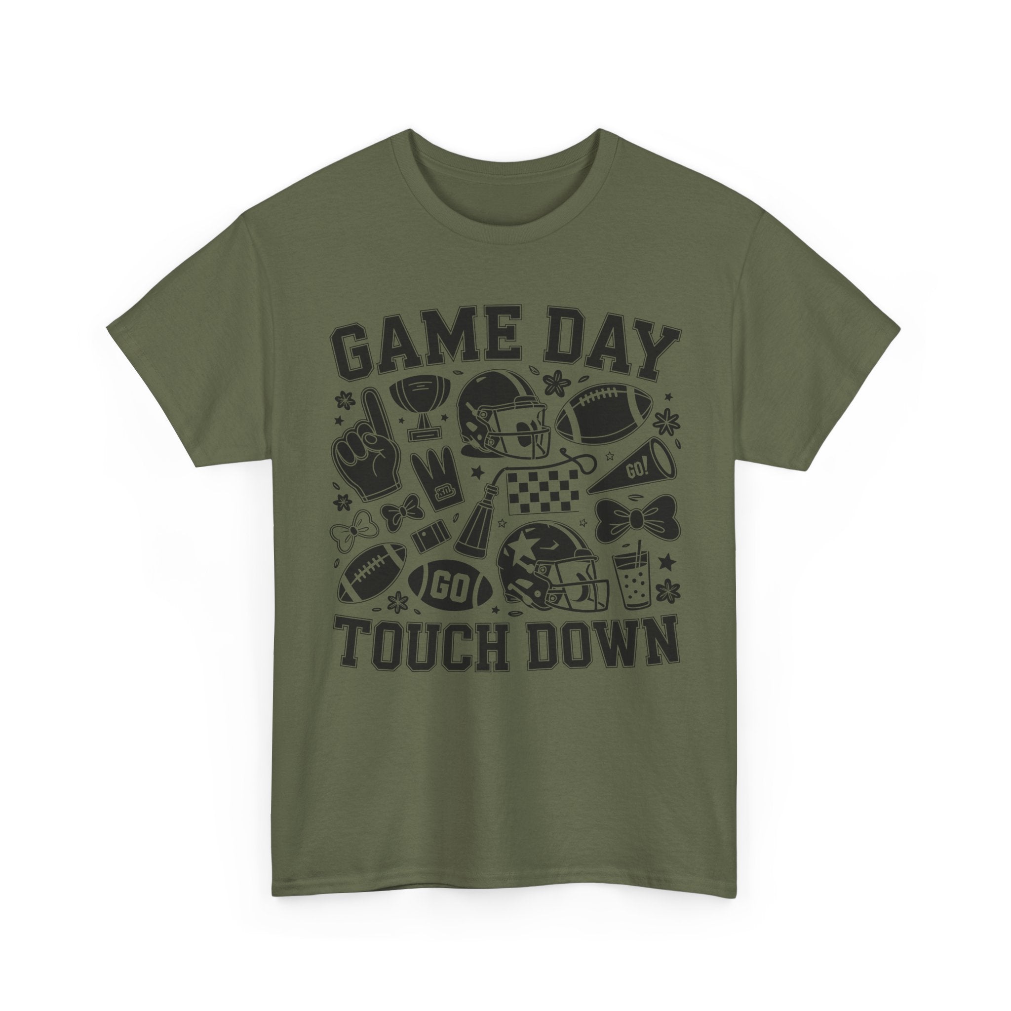 Game Day Touch Down Football T‑Shirt — Helmet & Cheer Monochrome Design Unisex Cotton Tee