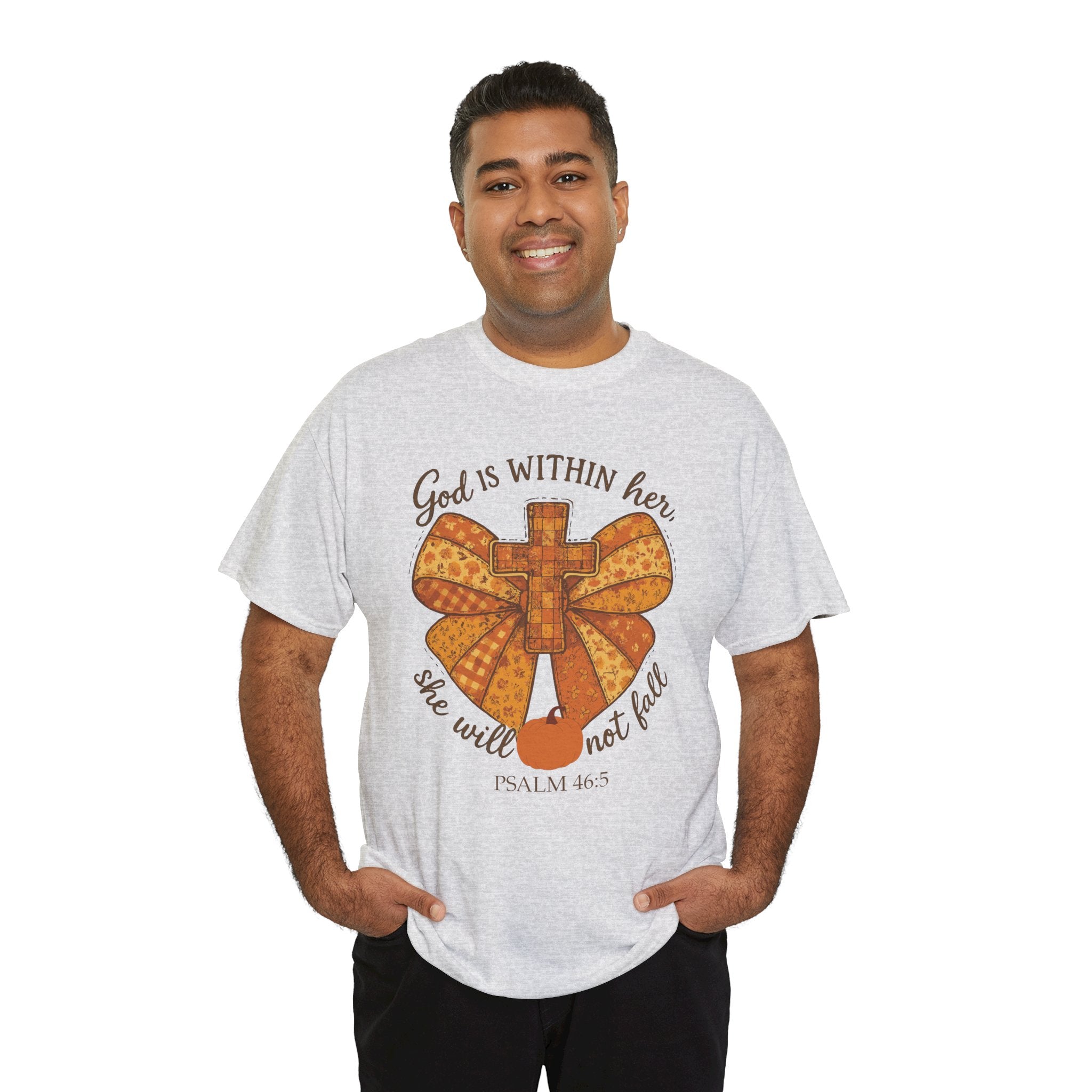 Psalm 46:5 Cross Patchwork Tee — Fall Bow Christian Unisex Cotton T-Shirt