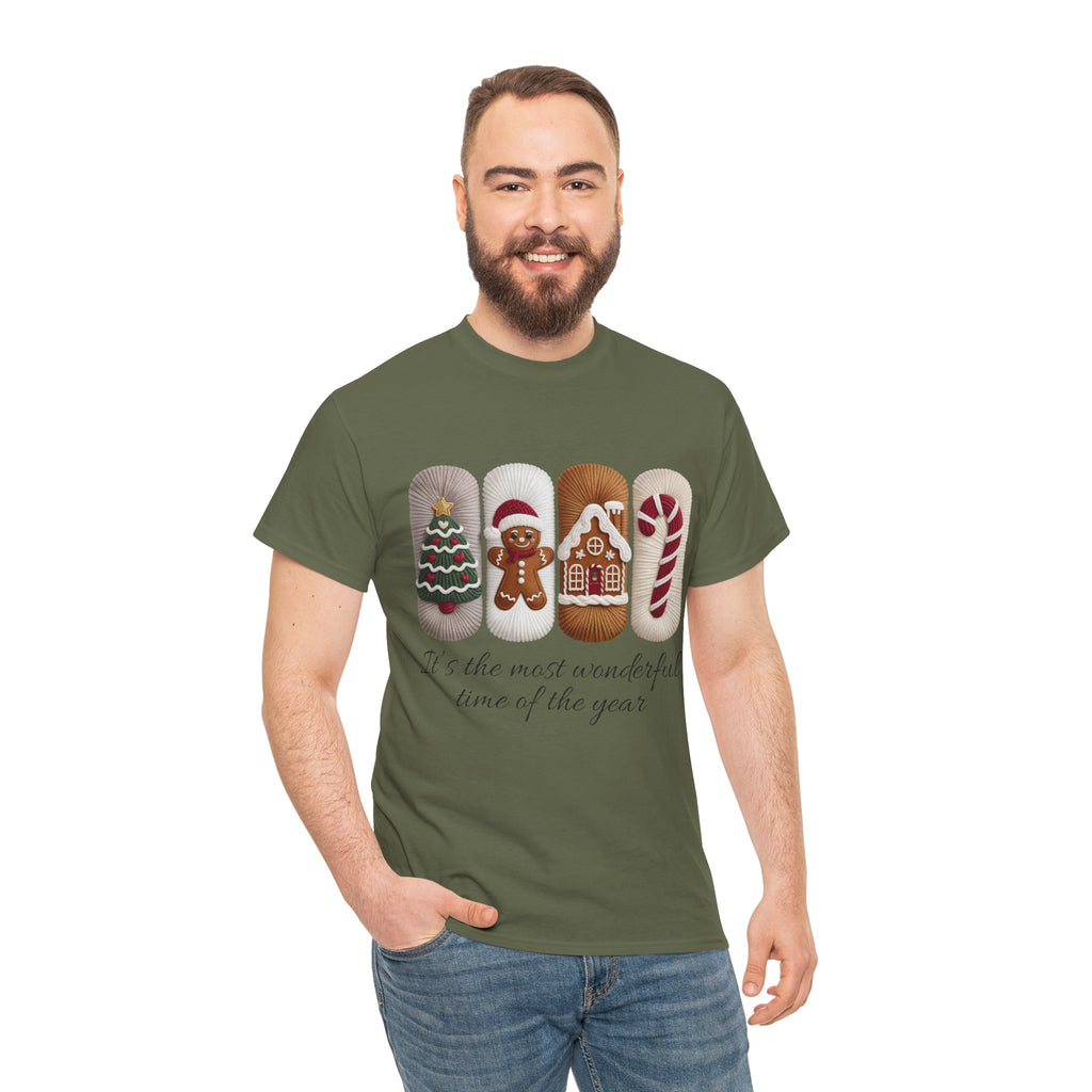 Christmas Faux-Yarn Tree Tee — Gingerbread House & Candy Cane Holiday Unisex Cotton T-Shirt
