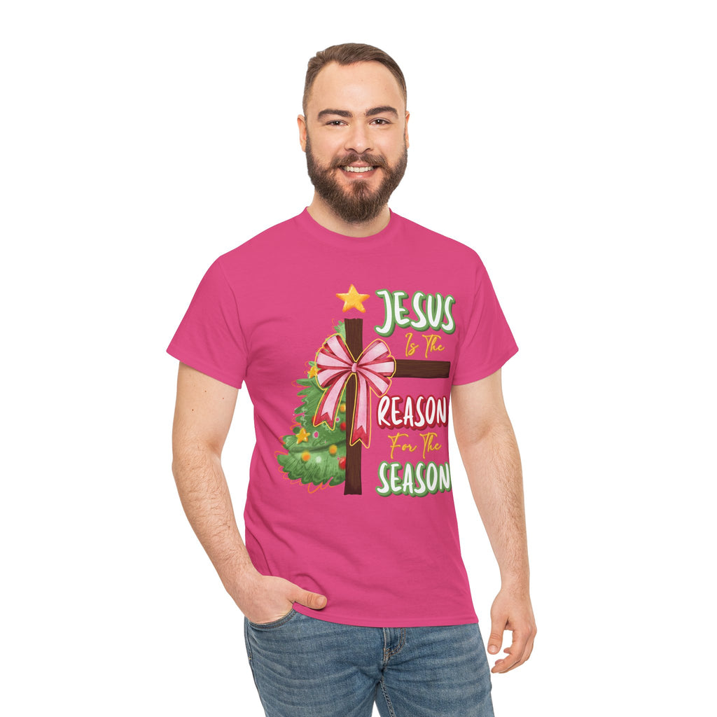 Jesus Is the Reason for the Season Christmas Tee — Cross with Pink Bow & Tree. Unisex Cotton Tee