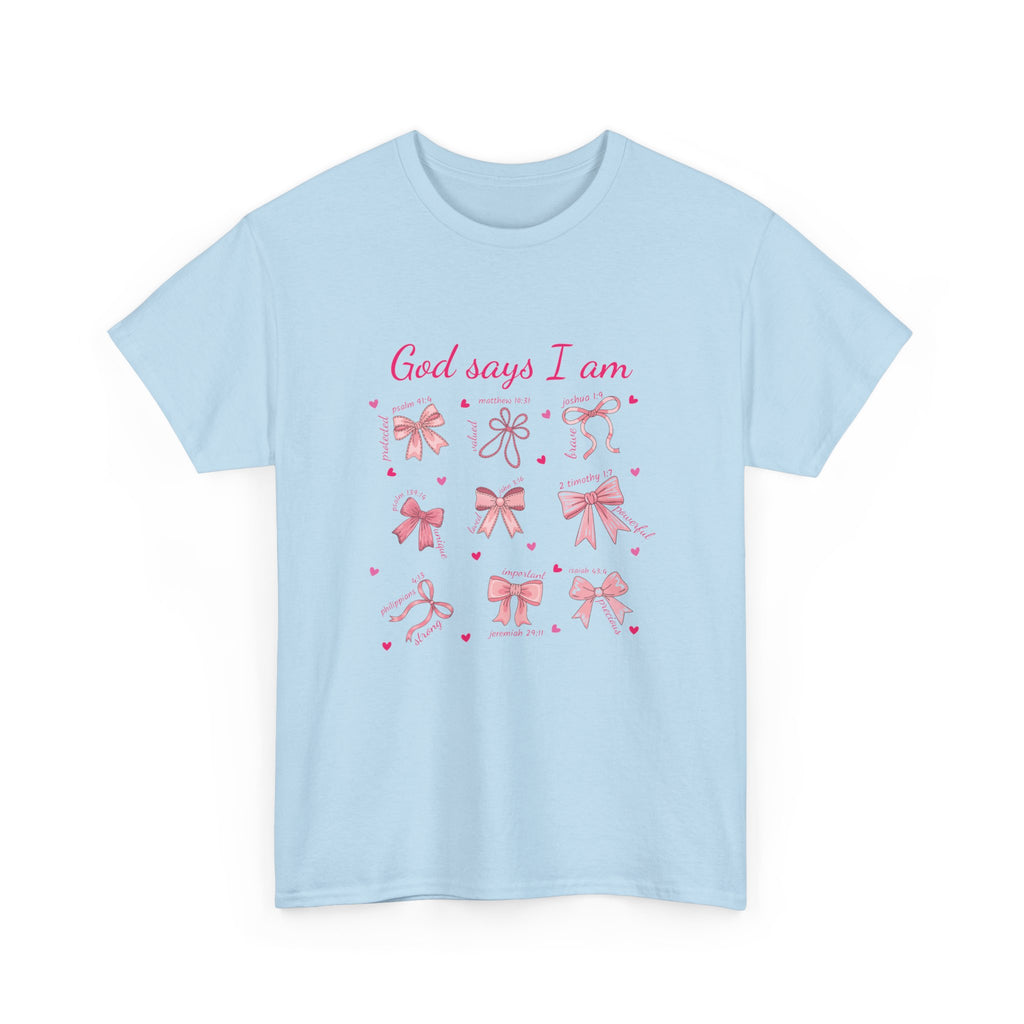 God Says I Am Christian Tee — Pink Affirmation T-Shirt with Bible Verse Bows.Unisex Cotton Tee