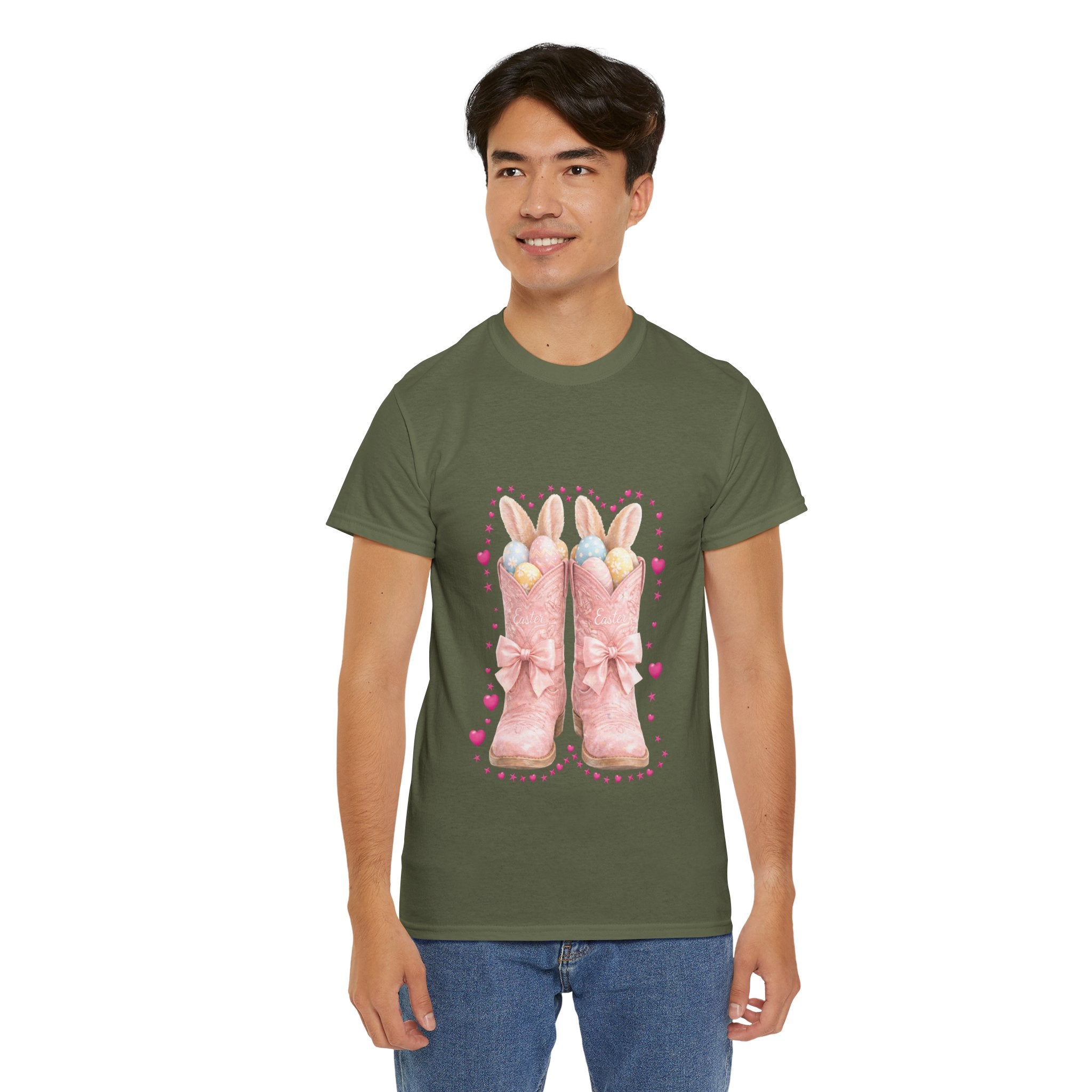 Easter Pink Western Boots Tee — Pastel Bunny Eggs & Bows Unisex Cotton Tee