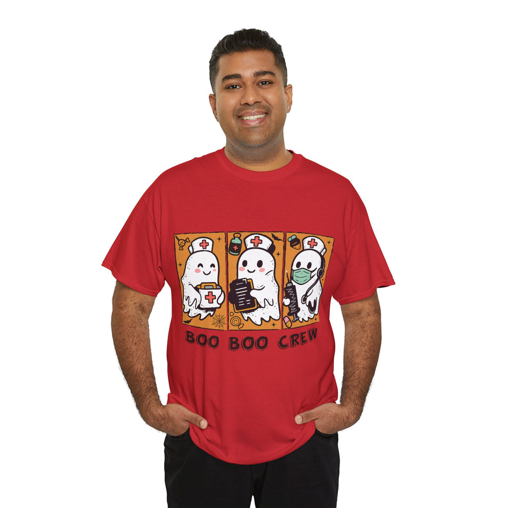 Halloween Nurse T-Shirt — Ghost Nurses Holding Medical Tools on Orange Unisec Cotton Tee
