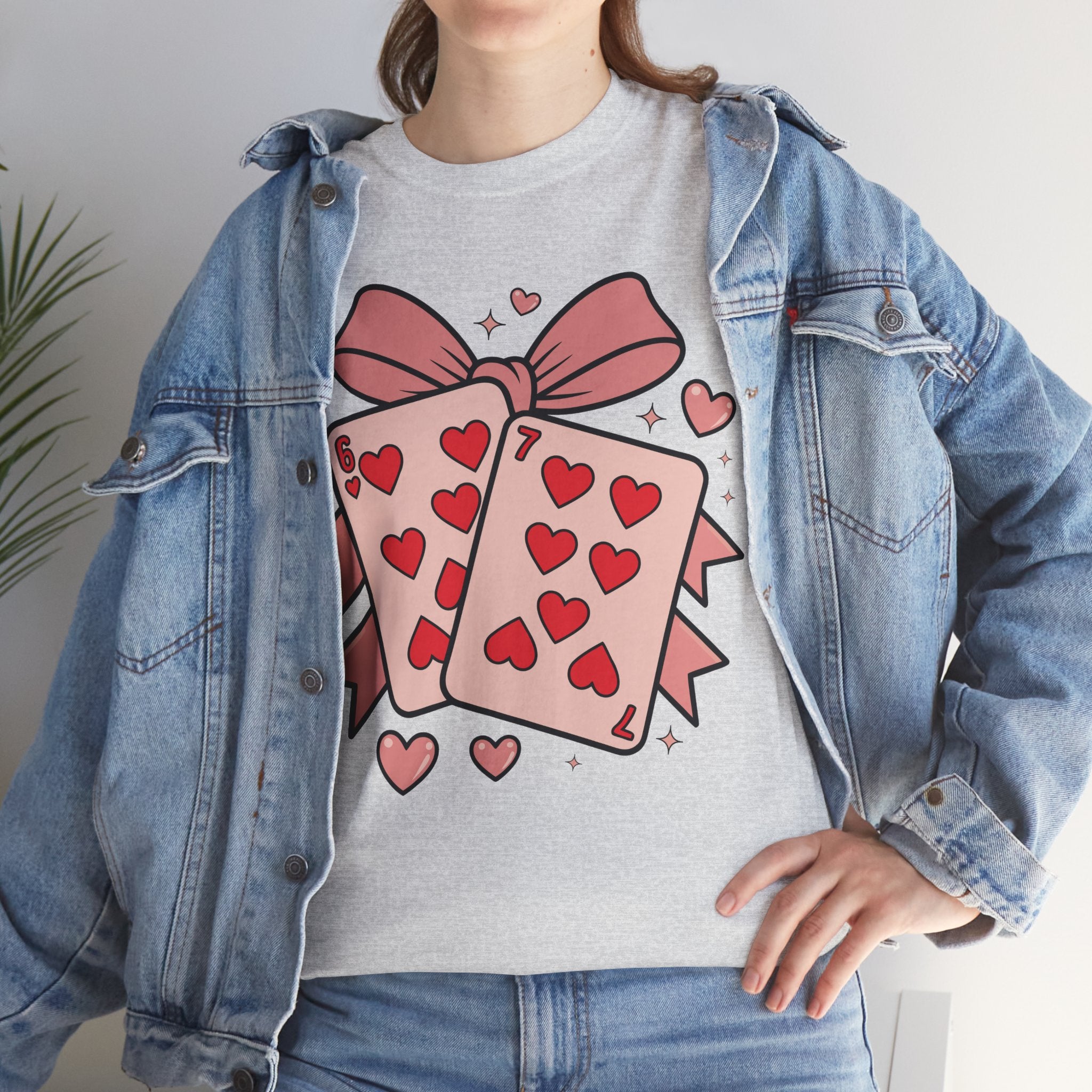 6 & 7 of Hearts T-Shirt — Paired Playing Cards with Pink Bow Unisex Cotton Tee
