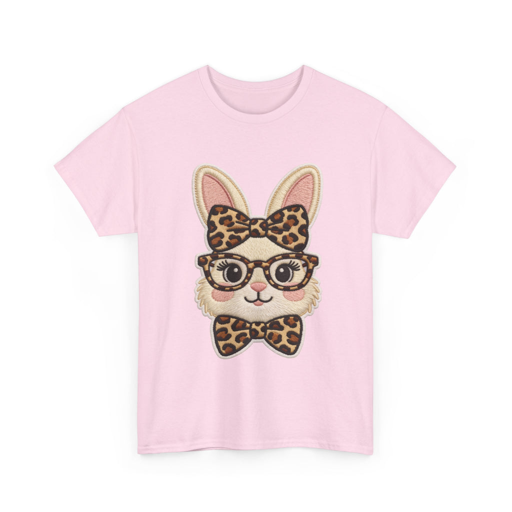 Leopard Bow Bunny Embroidered Tee — Cute Bunny Face with Glasses Patch Unisex Cotton Tee
