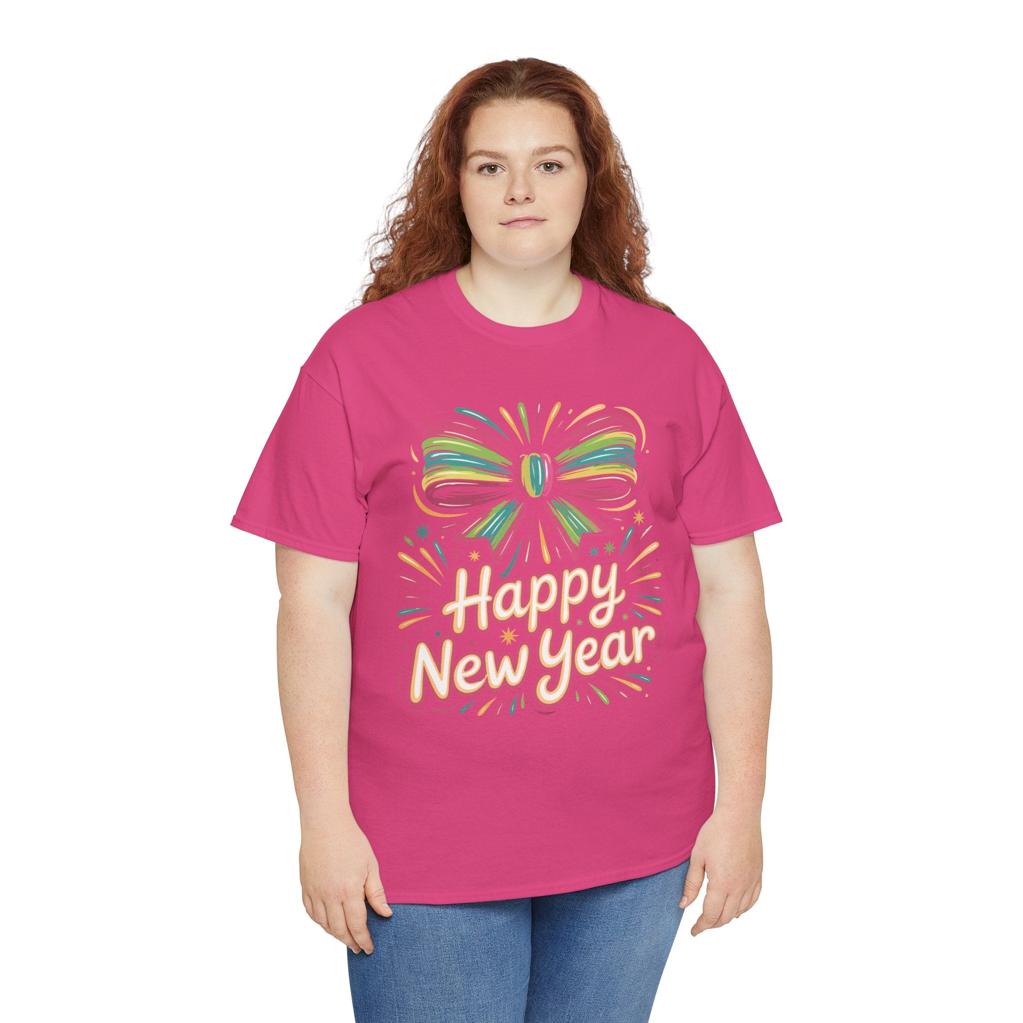 Happy New Year Pastel Tee — Rainbow Bow & Fireworks Celebration Unisex Cotton Tshirt