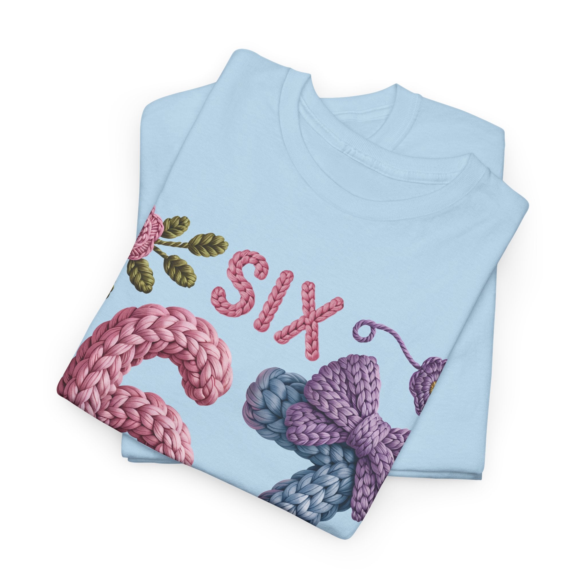 Pastel Crochet Numbers 6 & 7 Tee — Faux-Yarn Bows & Flowers. Unisex Cotton Tee