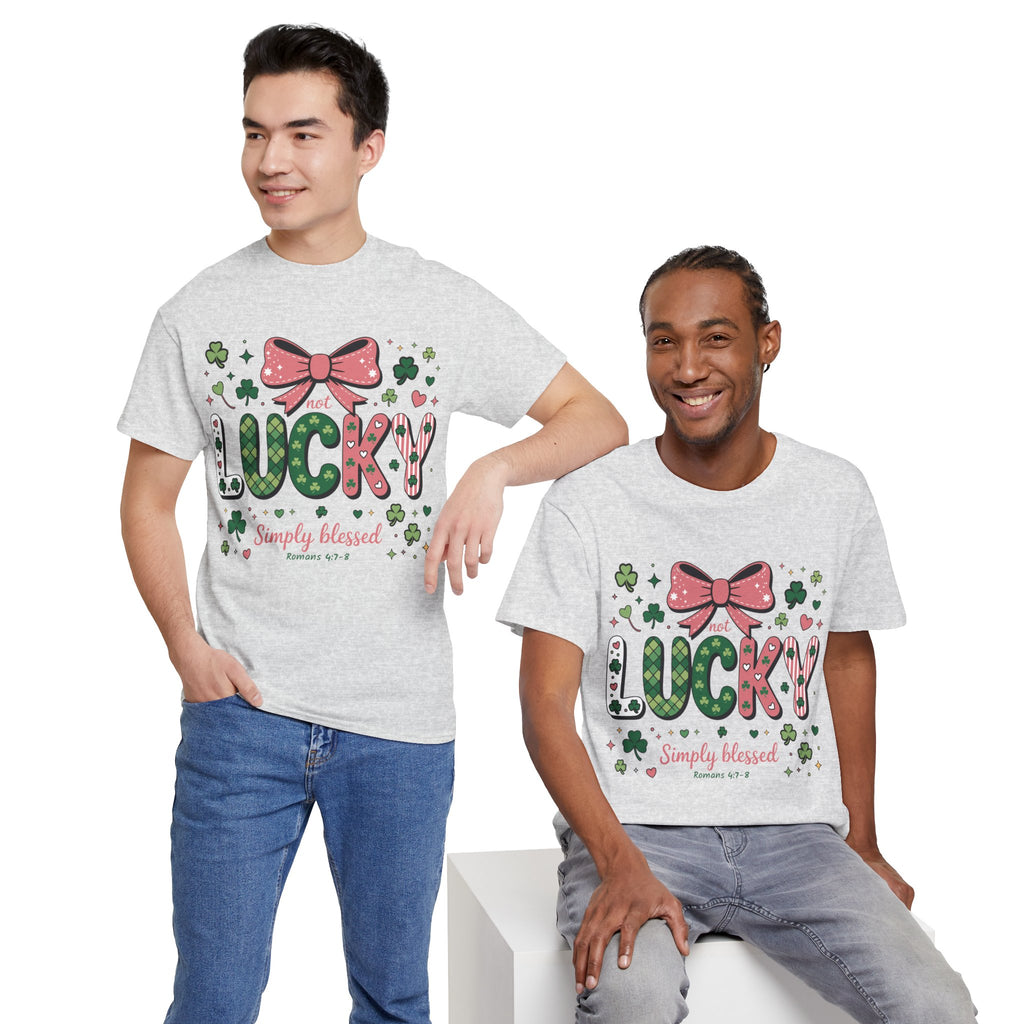Simply Blessed Tee — “Not Lucky, Simply Blessed” with Pastel Bow, Clovers & Romans 4:7-8 Unisex Cotton Tee