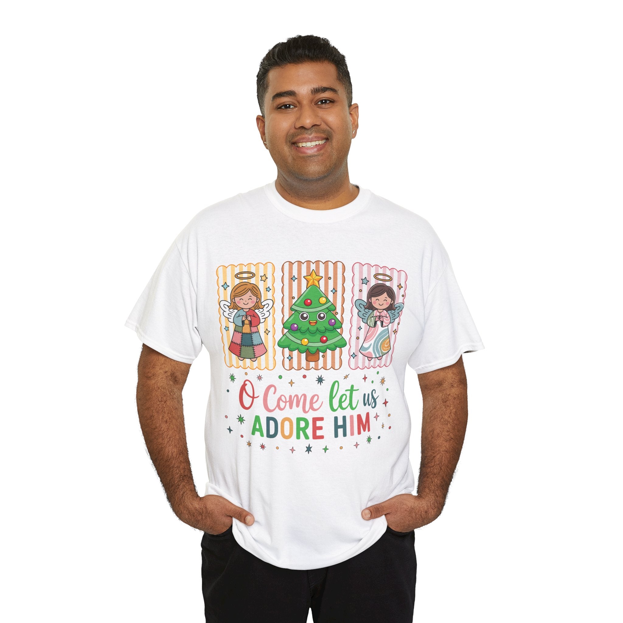 O Come Let Us Adore Him Christmas Tee — Smiling Angels & Happy Tree..Unisex Cotton Tee