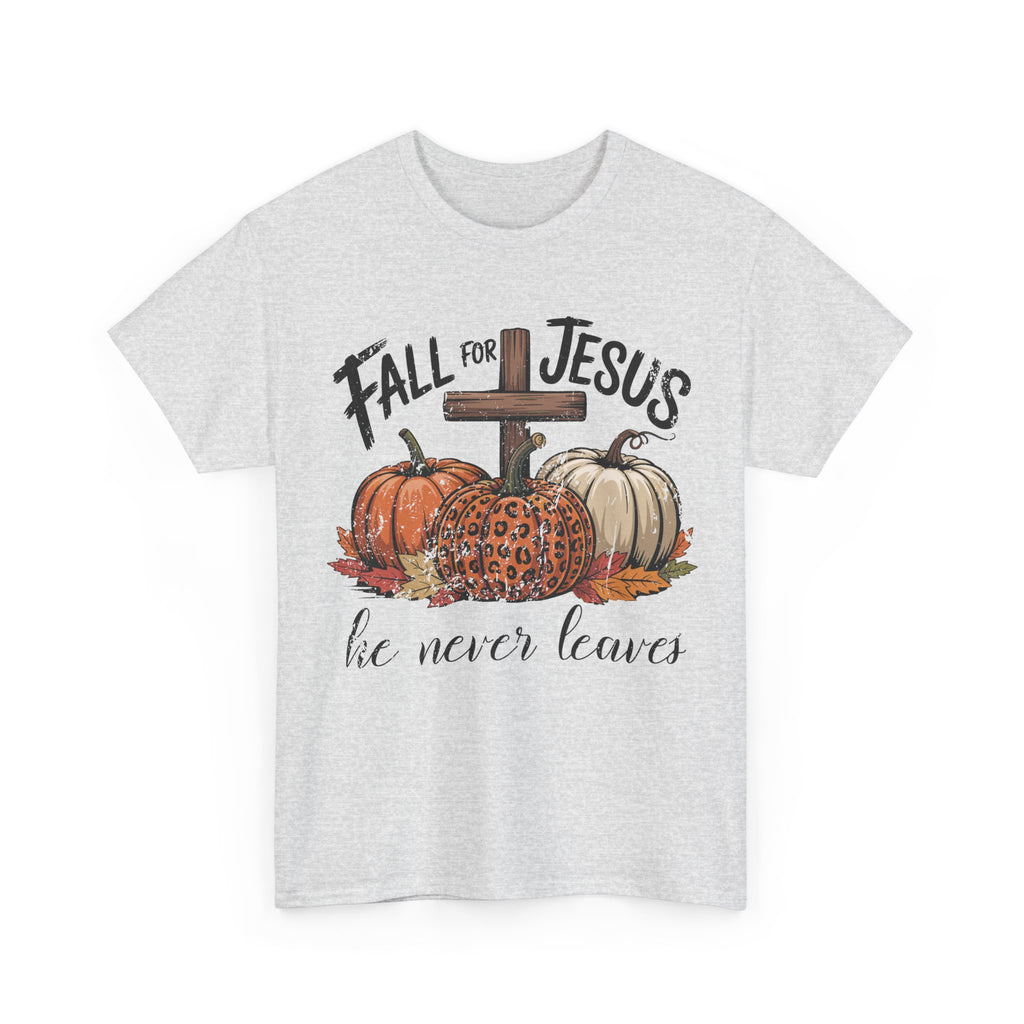 Fall for Jesus Pumpkin Cross Tee — "He Never Leaves" Autumn Christian Unisex Cotton T-Shirt