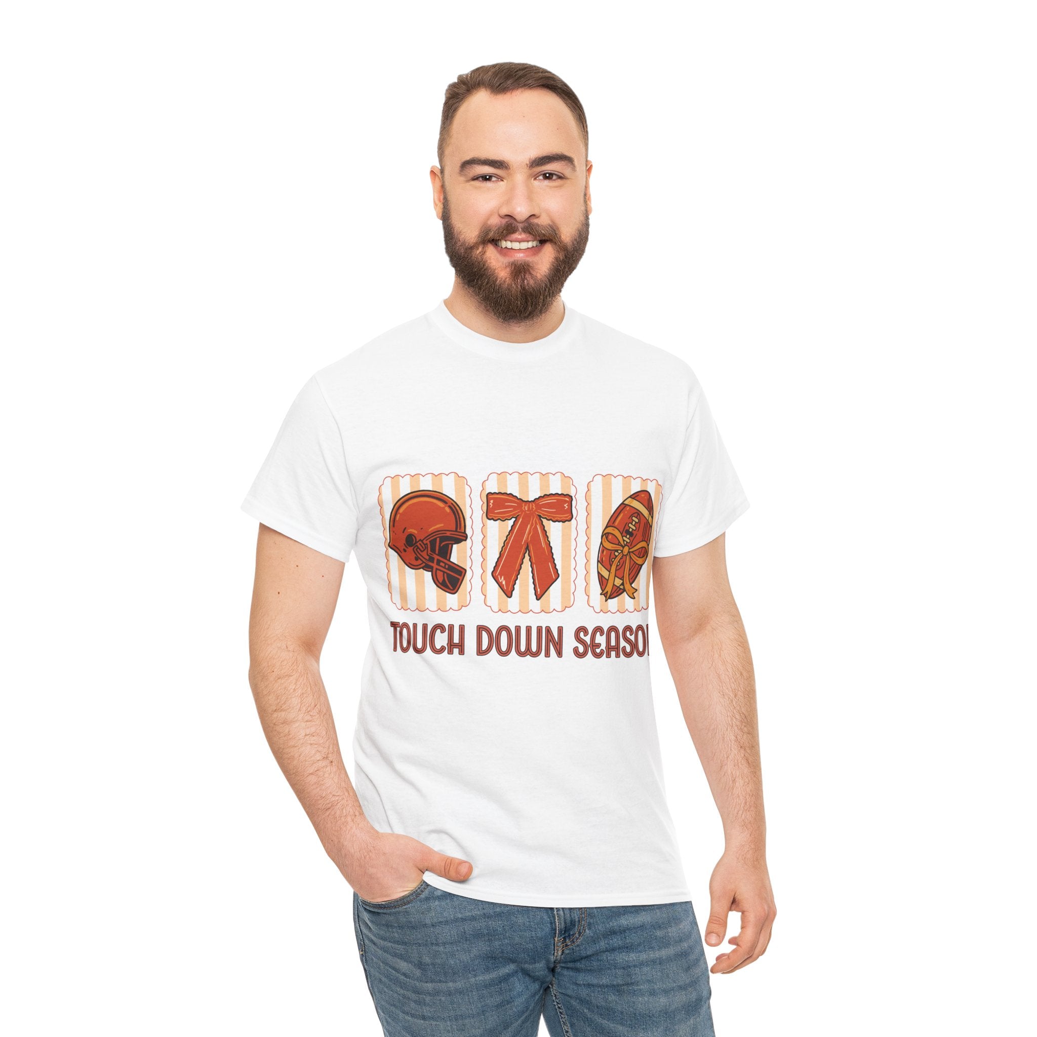 Touch Down Season Football Tee — Striped Fall Helmet & Bow Design Unisex Cotton Tee