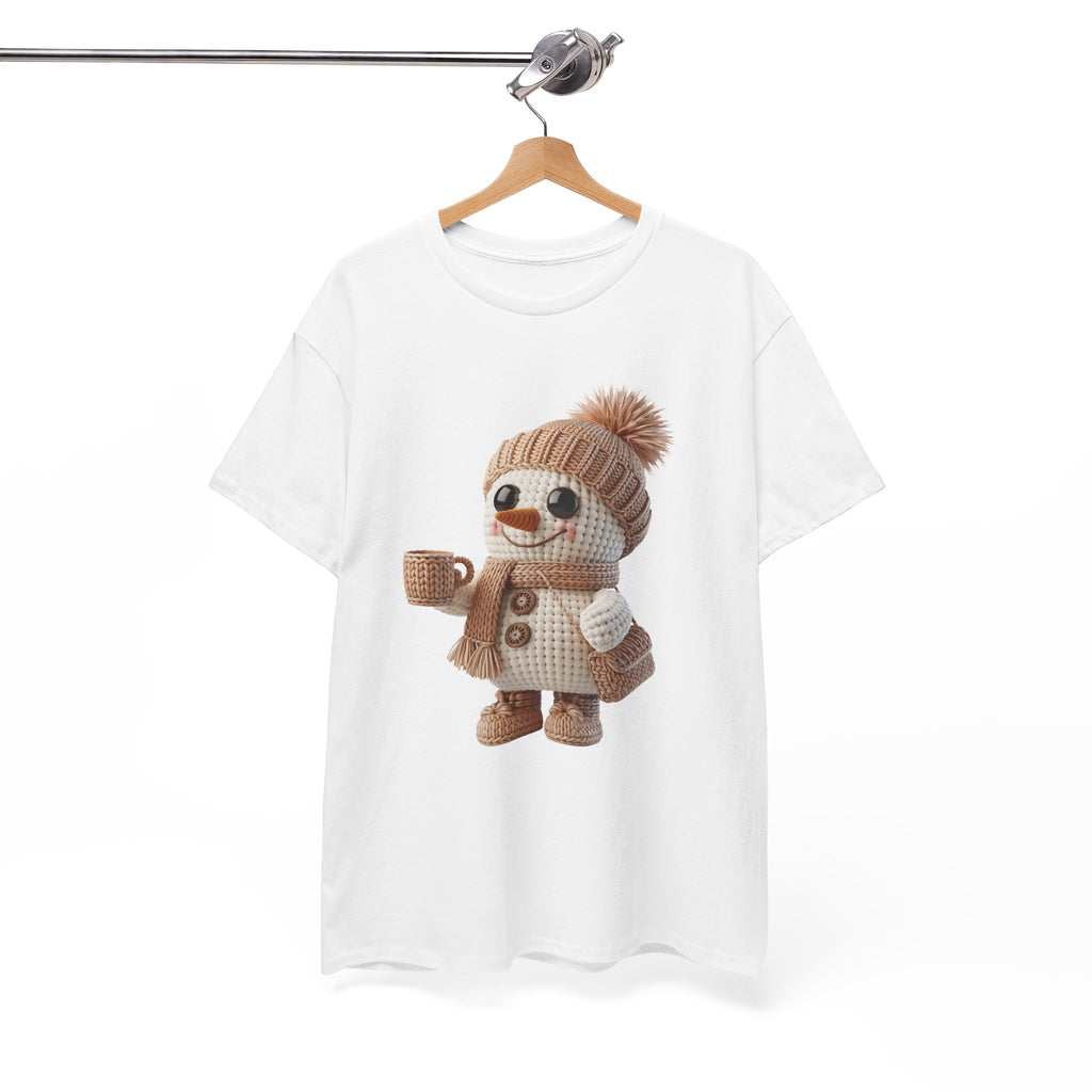 Cozy Snowman Tee — Smiling Snowman with Mug, Scarf & Beanie. Unisex Cotton Tee