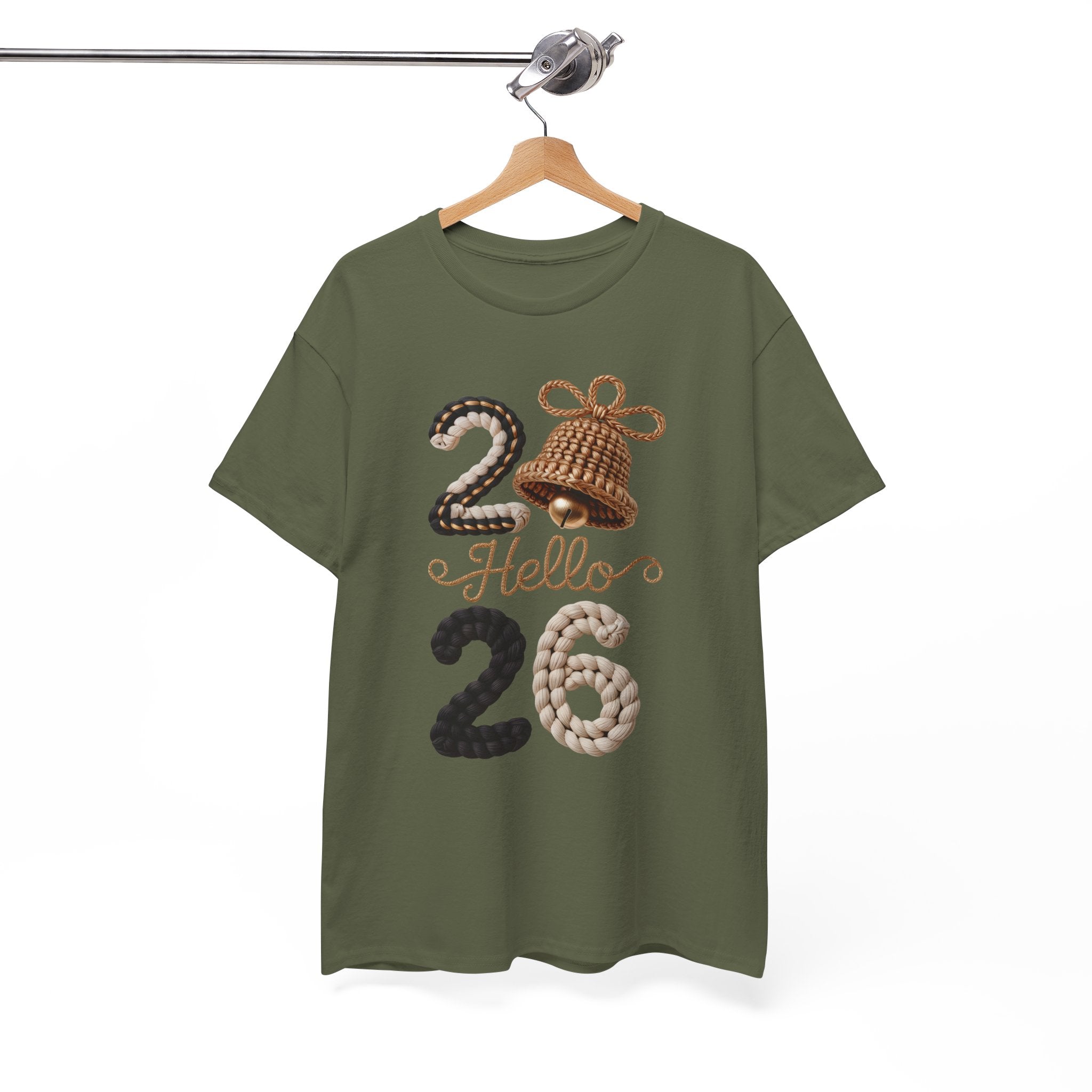 Hello 2026 Tee — Cozy Faux Yarn Braided Numbers with Woven Golden Bell..Unisex Cotton Tee