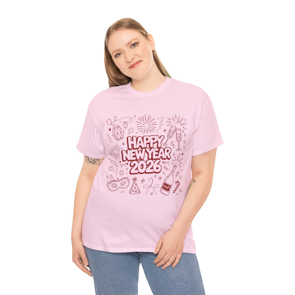 Happy New Year 2026 Doodle T-Shirt — Pink Party Icons & Champagne Unisex Cotton Tee