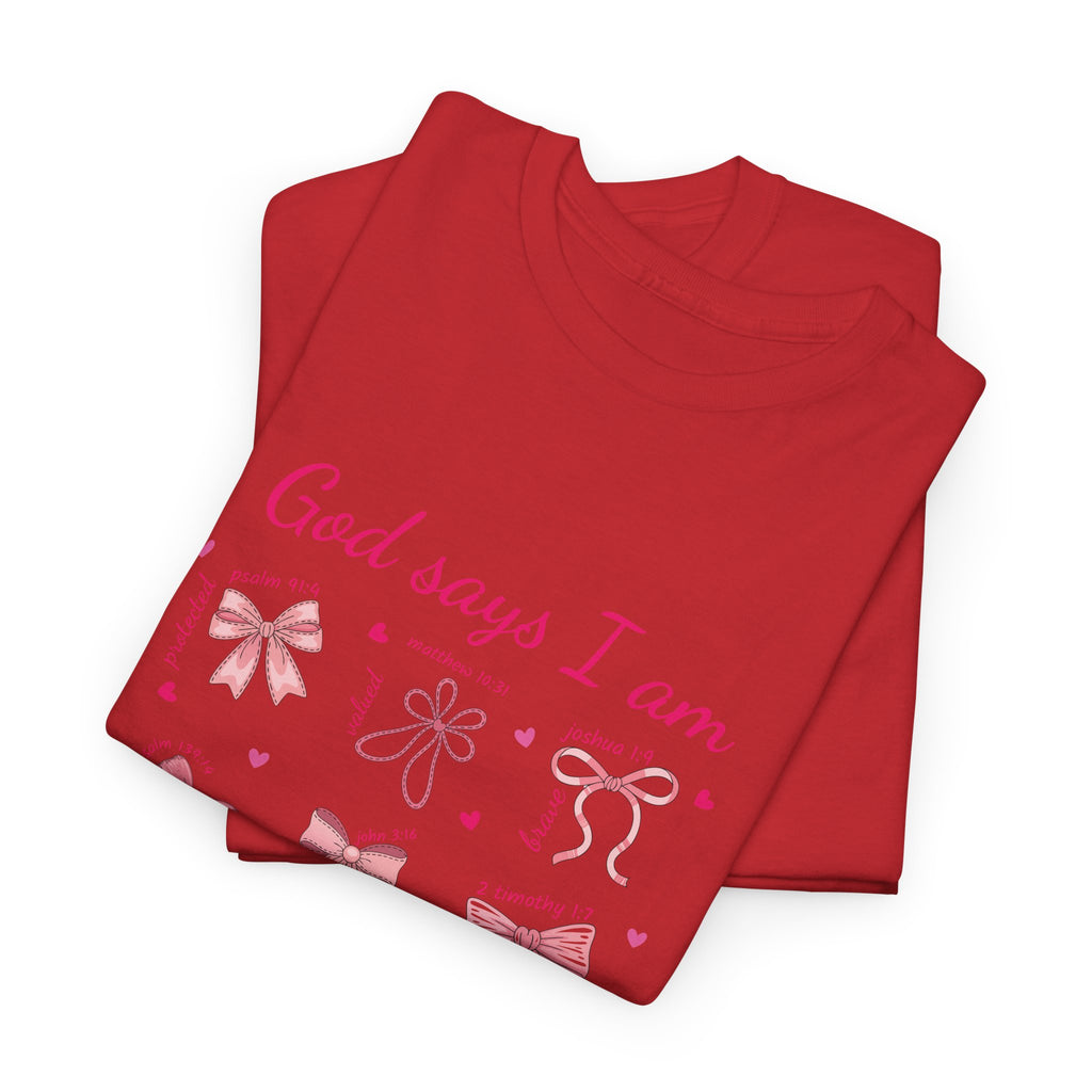 God Says I Am Pink Bow Tee — Faith-Based 'Loved, Brave, Strong' Unisex Cotton Shirt