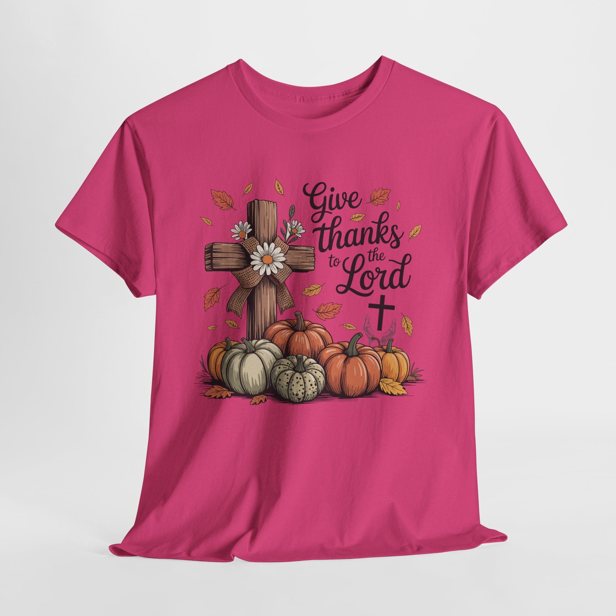 Give Thanks to the Lord Autumn Tee — Wooden Cross, Pumpkins & Daisies..Unisex Cotton Tee