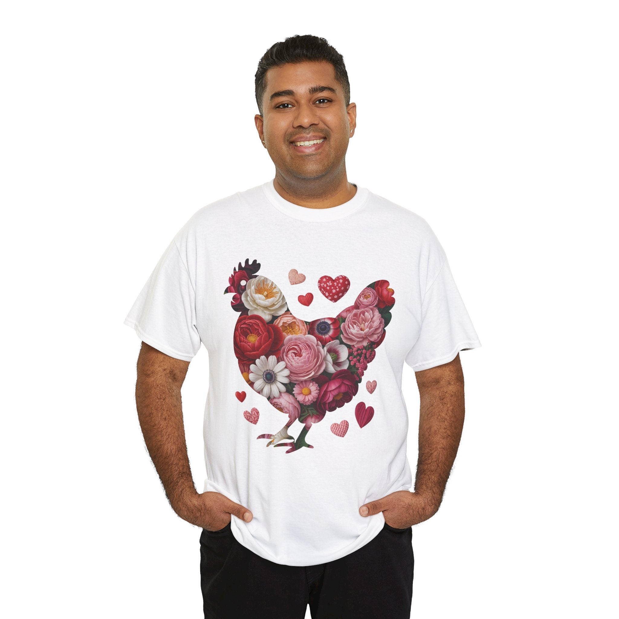 Floral Chicken Heart Tee — Red & Pink Flower Silhouette Unisex Cotton Tee