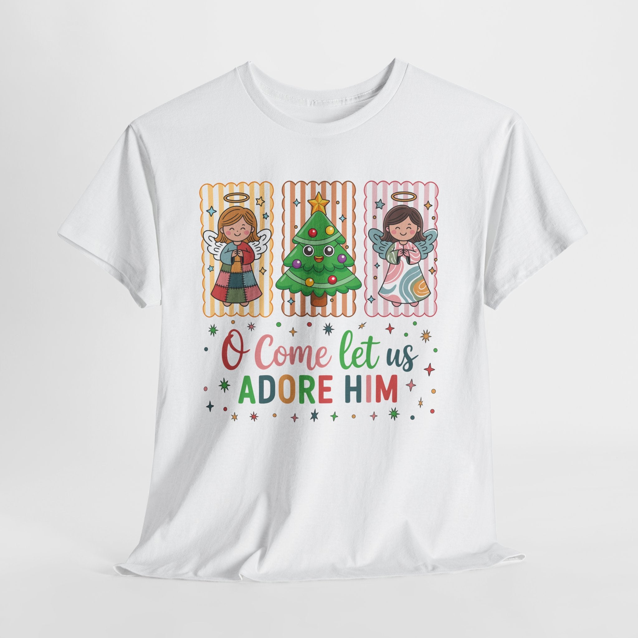 O Come Let Us Adore Him Christmas Tee — Smiling Angels & Happy Tree..Unisex Cotton Tee