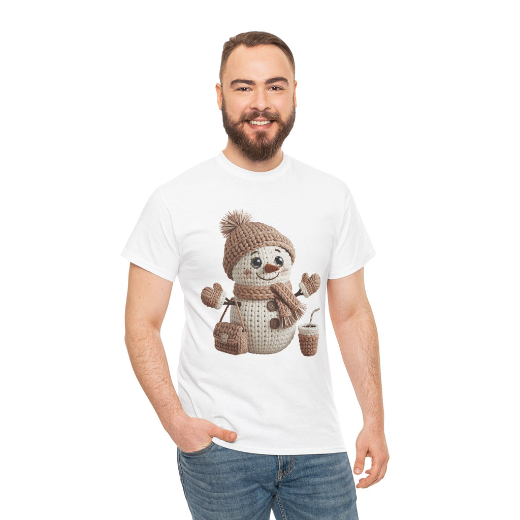 Snowman Knit‑Style Graphic Tee — Cute Faux‑Yarn Snowman with Hat, Scarf & Mittens.Unisex Cotton Tee