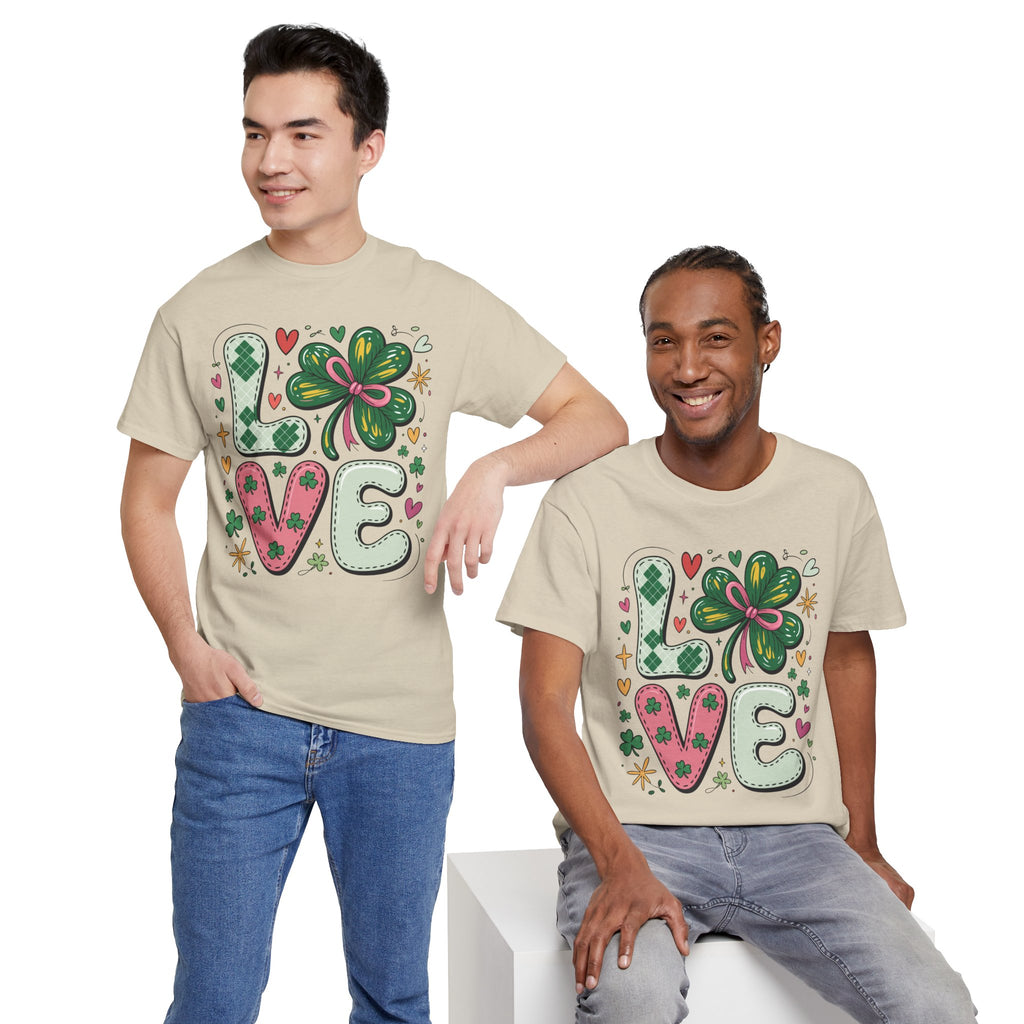 Stitched Clover 'LOVE' Tee — Heart & Patchwork St. Patrick's Unisex Cotton T-Shirt