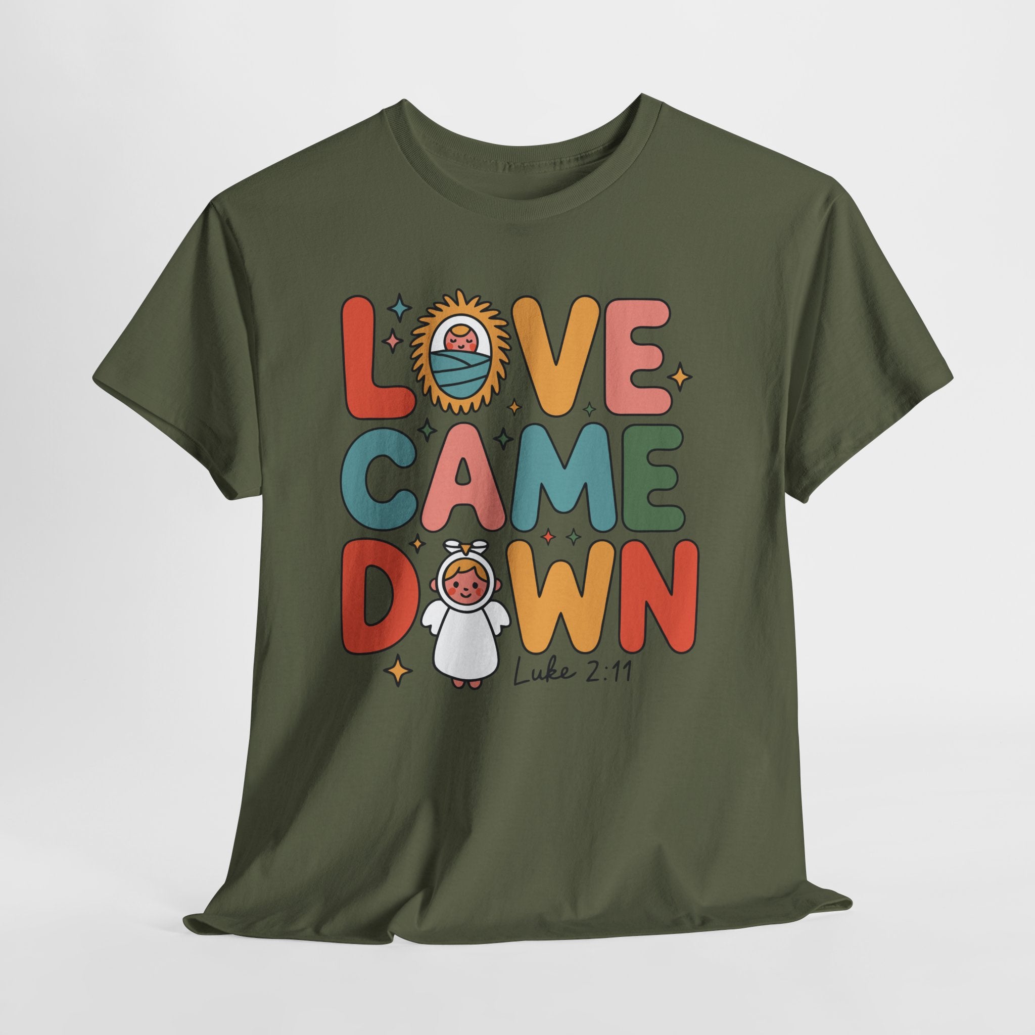 Love Came Down Christmas Tee — Baby Jesus Manger Angel (Luke 2:11)..Unisex Cotton Tee