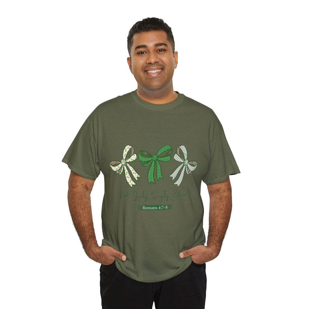 Not Lucky Simply Blessed Tee — Romans 4:7-8 Green Bow Christian Unisex Cotton T-Shirt
