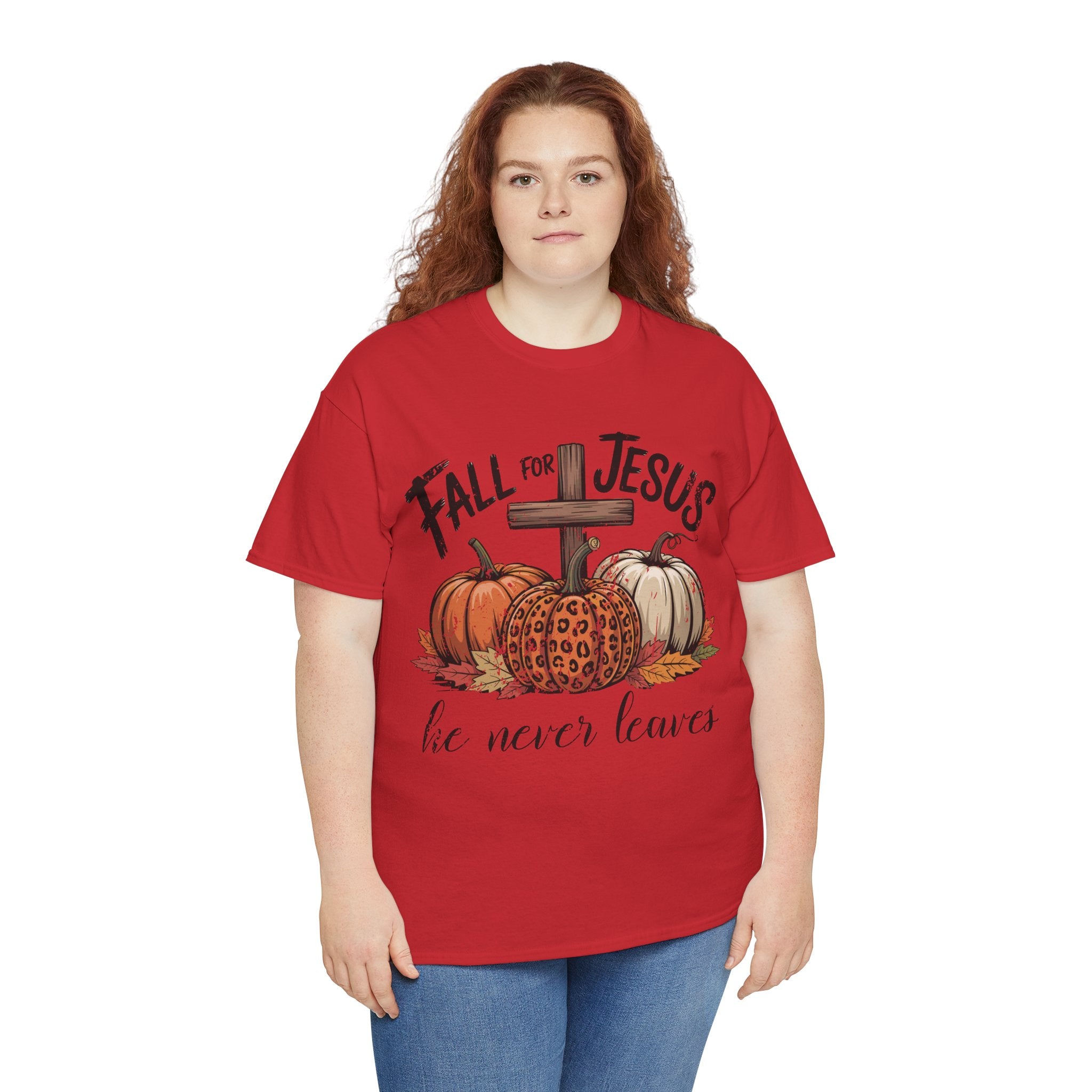 Fall for Jesus Pumpkin Cross Tee — "He Never Leaves" Autumn Christian Unisex Cotton T-Shirt