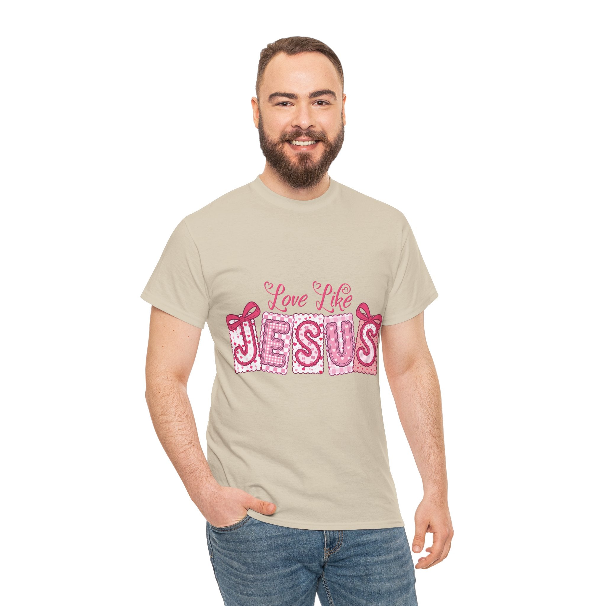 Love Like Jesus Patchwork Tee — Pink Stitched Heart Graphic.Unisex Cotton Tee