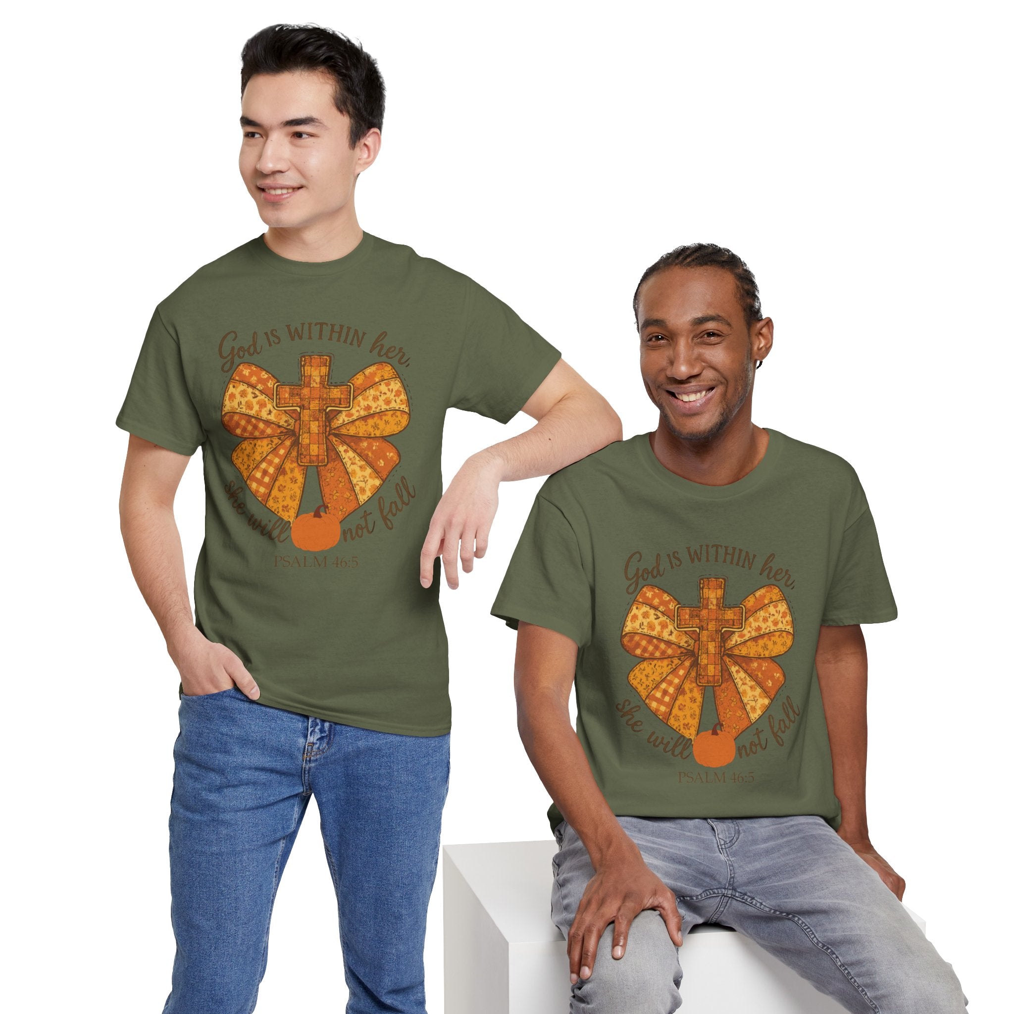 Psalm 46:5 Cross Patchwork Tee — Fall Bow Christian Unisex Cotton T-Shirt