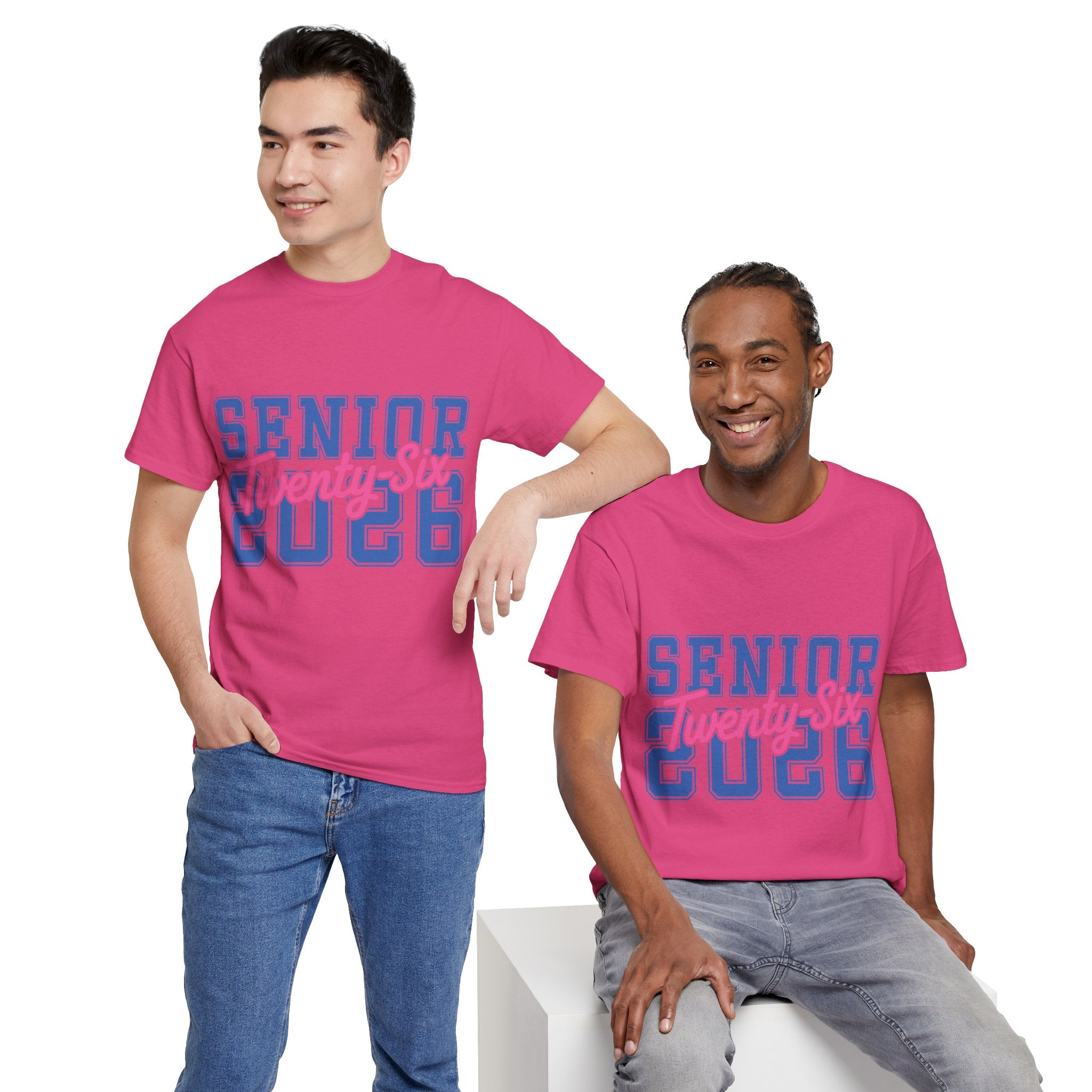 Senior 2026 Tee — Pink Varsity Block with Blue Script Overlay Unisex Cotton Tee