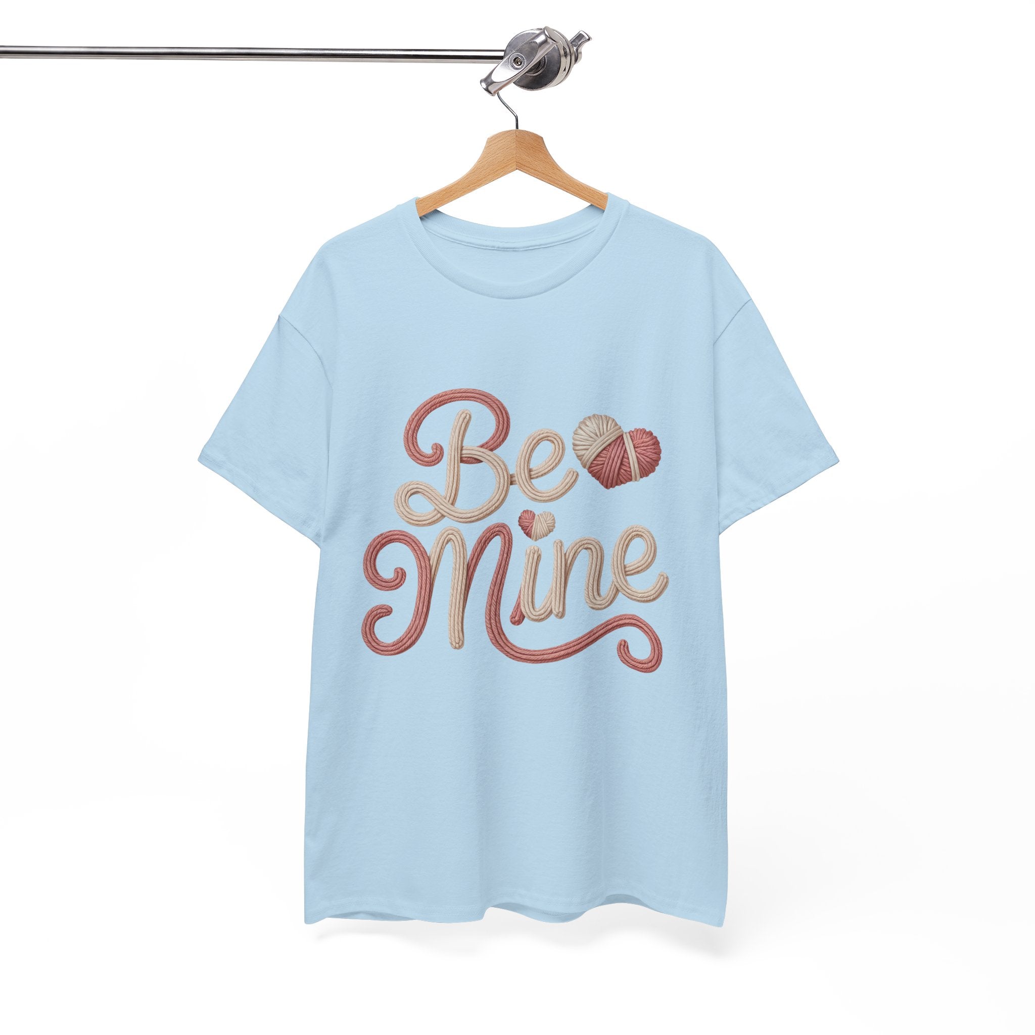 Be Mine Yarn Heart T-Shirt — Valentine’s Faux-Yarn Pink & Cream Unisex Cotton Tee