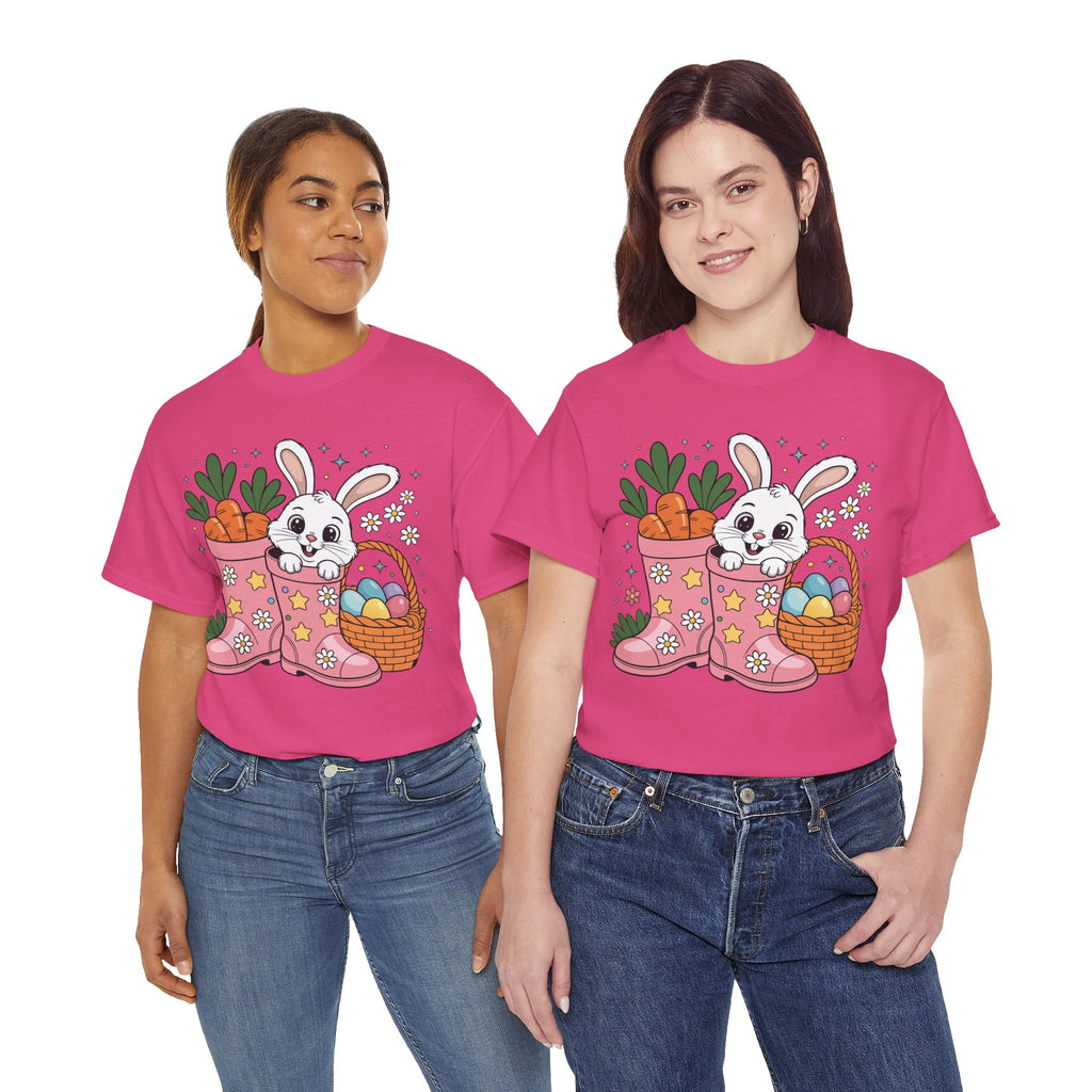 Easter Bunny in Pink Rain Boots T-Shirt — Cartoon Bunny, Carrots & Colorful Eggs Unisex Cotton Tee